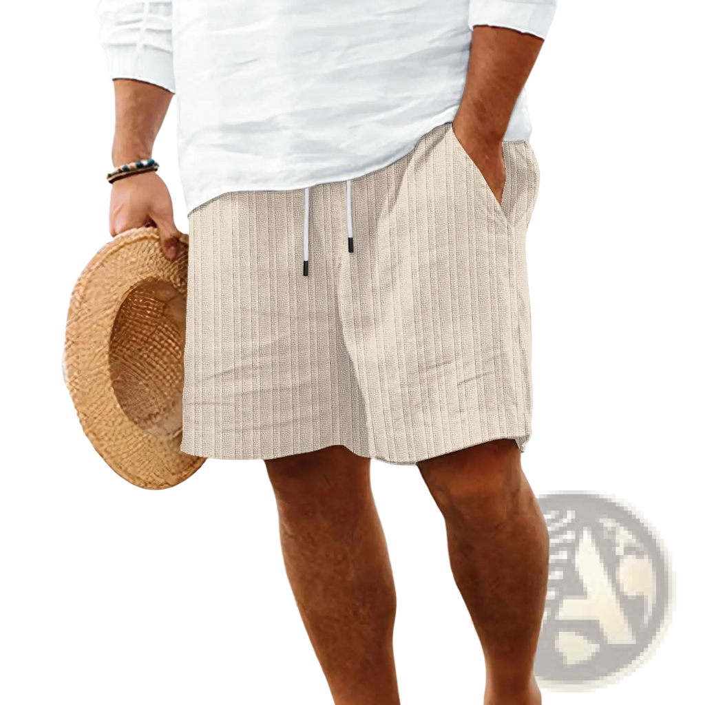 Beige men’s ribbed bamboo linen summer shorts with white drawstrings and side pockets