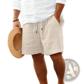 Beige men’s ribbed bamboo linen summer shorts with white drawstrings and side pockets