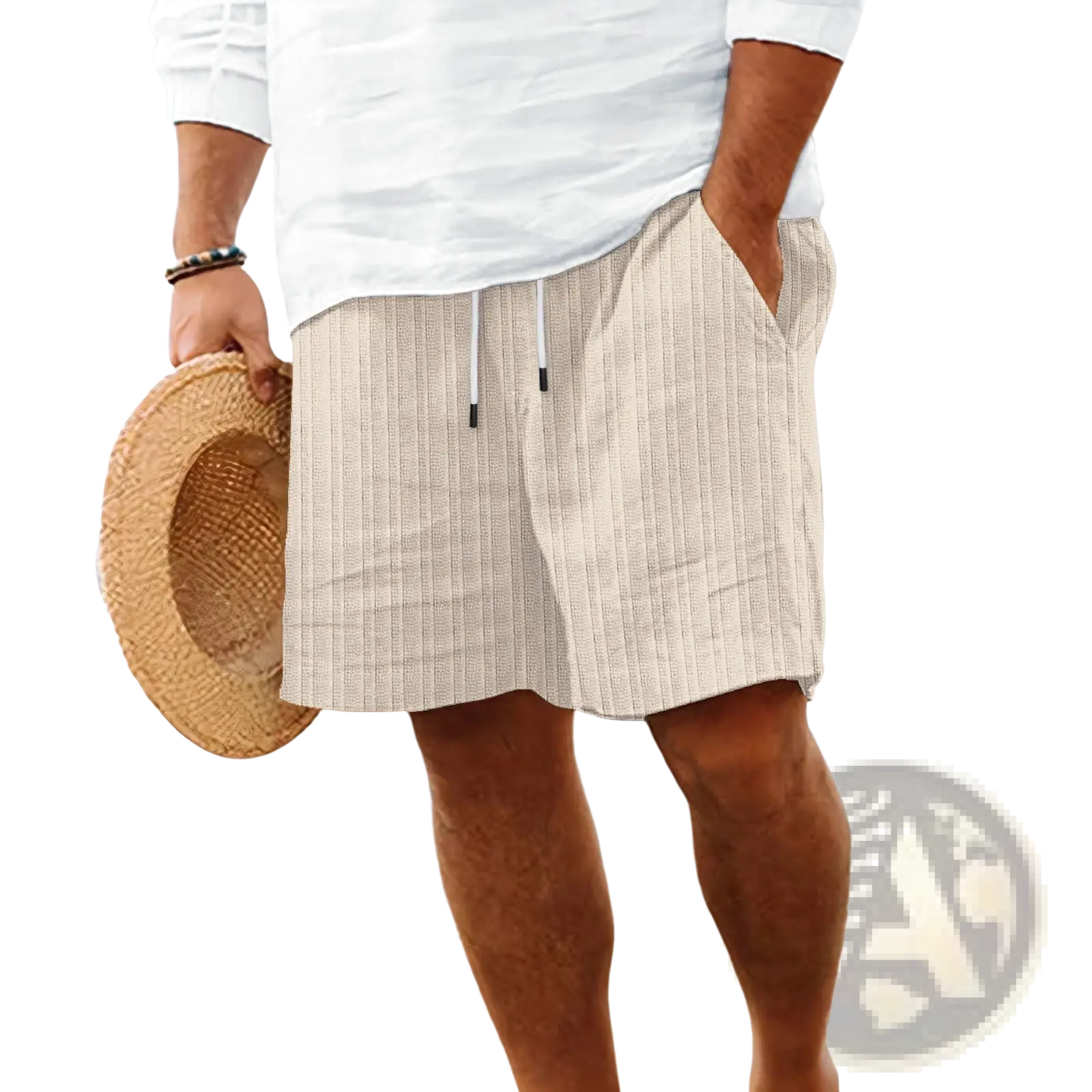 Beige men’s ribbed bamboo linen summer shorts with white drawstrings and side pockets