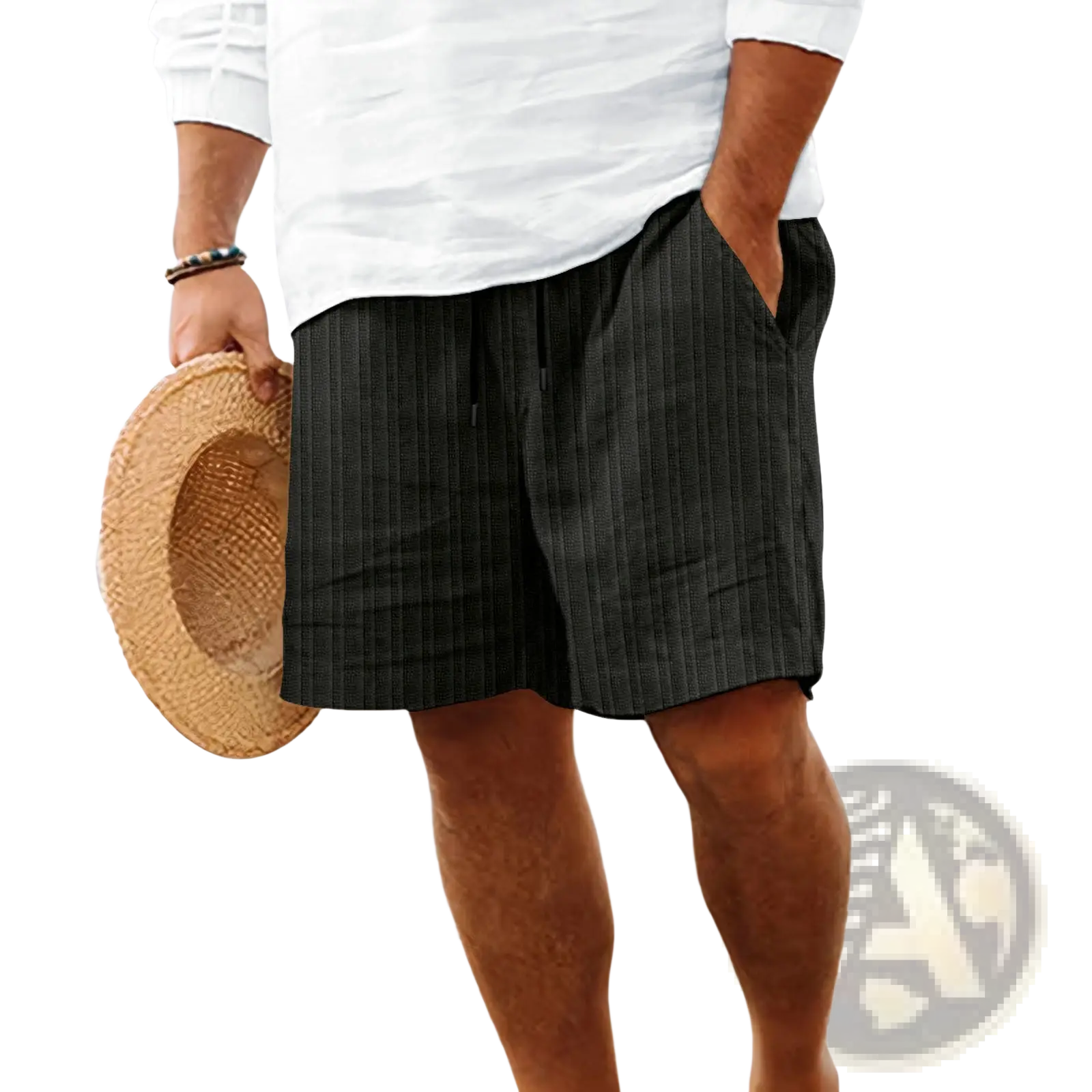 Men’s black pinstripe ribbed bamboo linen summer shorts with drawstring waist and side pockets for casual wear