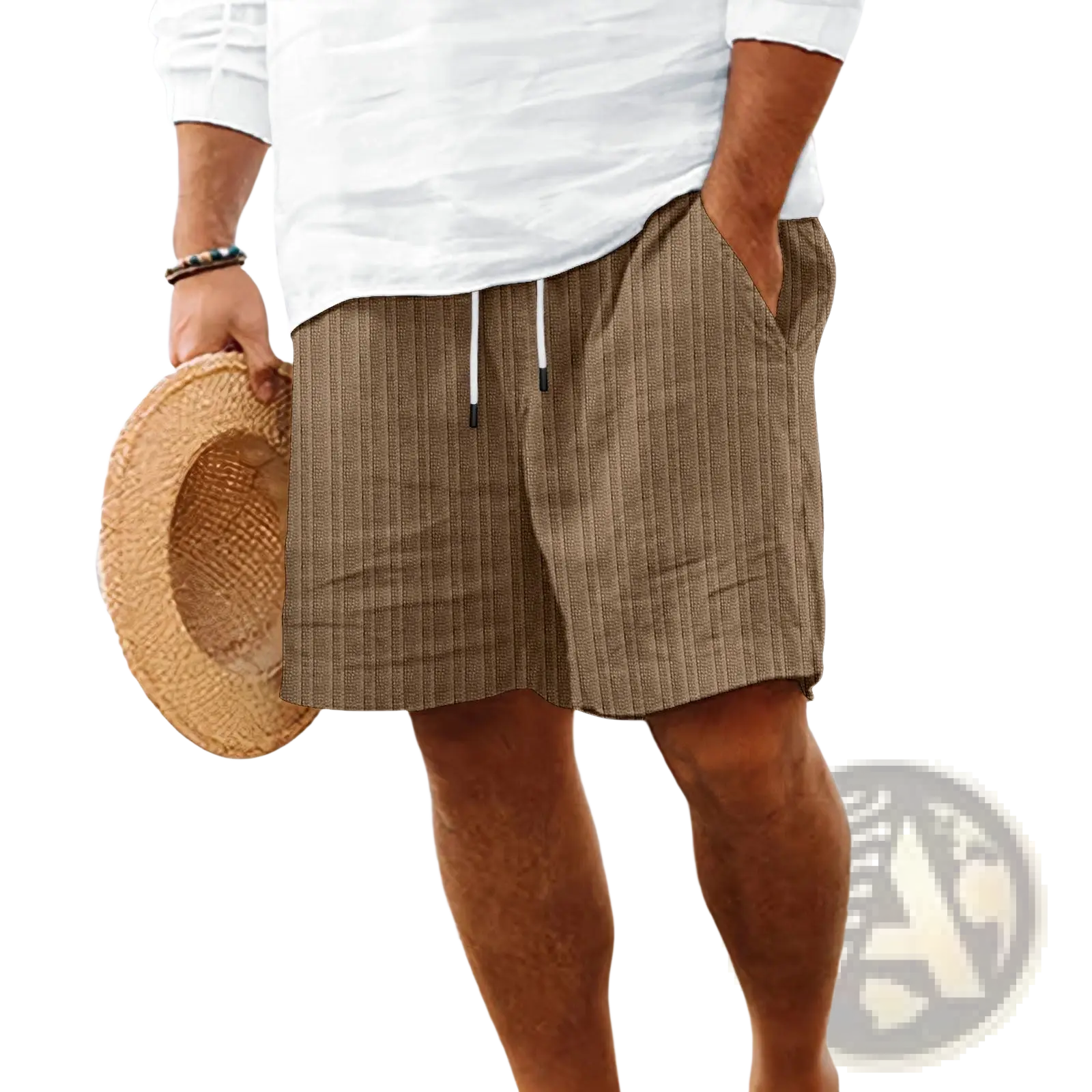 Men’s beige ribbed bamboo linen summer shorts with white drawstrings and side pockets for casual wear