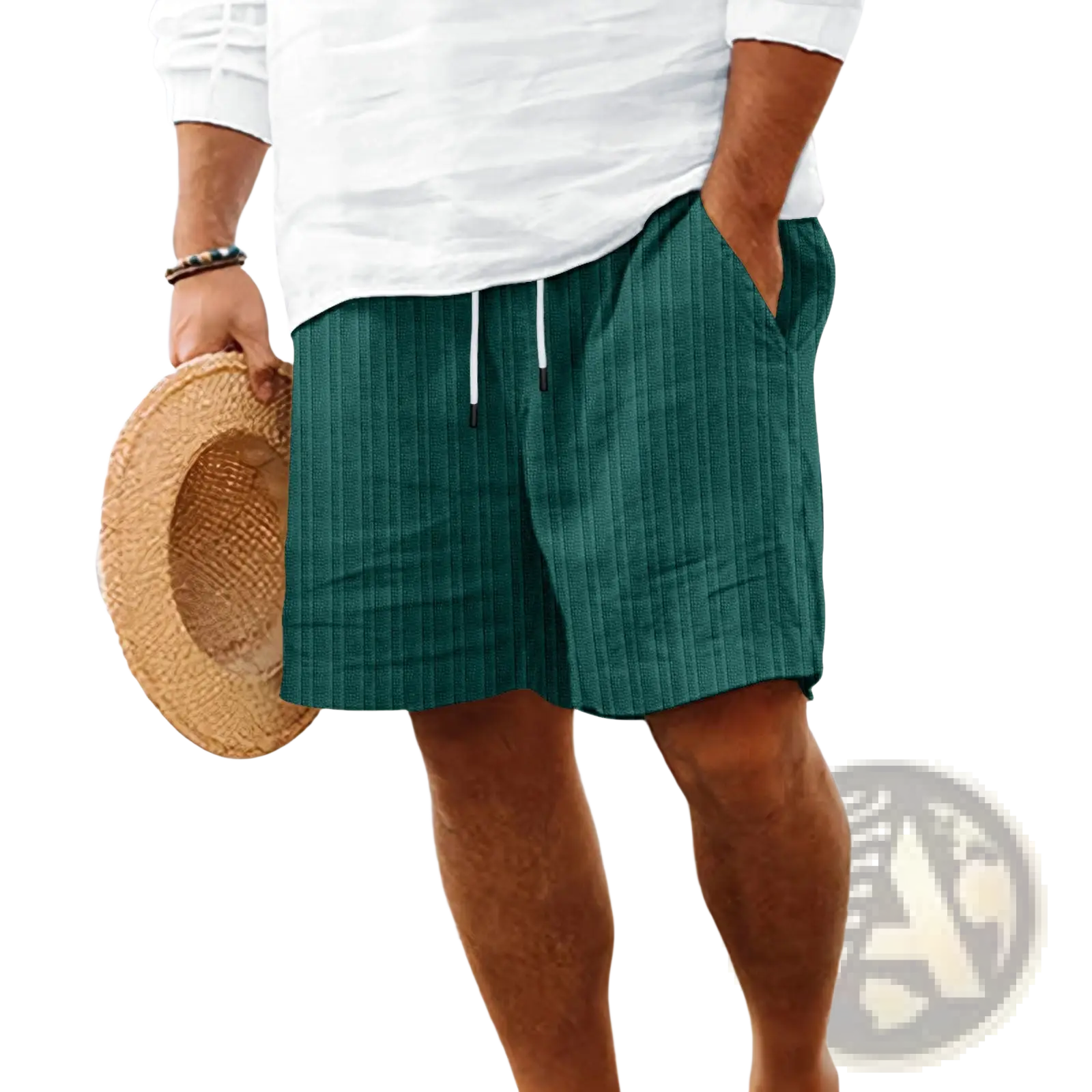 Men’s dark green vertically ribbed bamboo linen summer shorts with white drawstring for comfortable wear