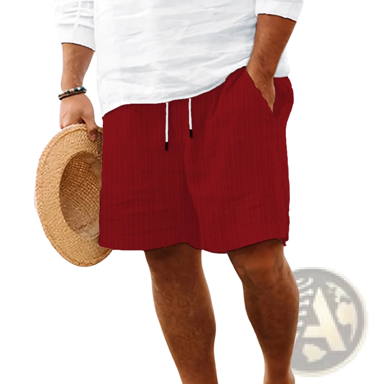 Red ribbed bamboo linen summer shorts with white drawstrings and side pockets for men