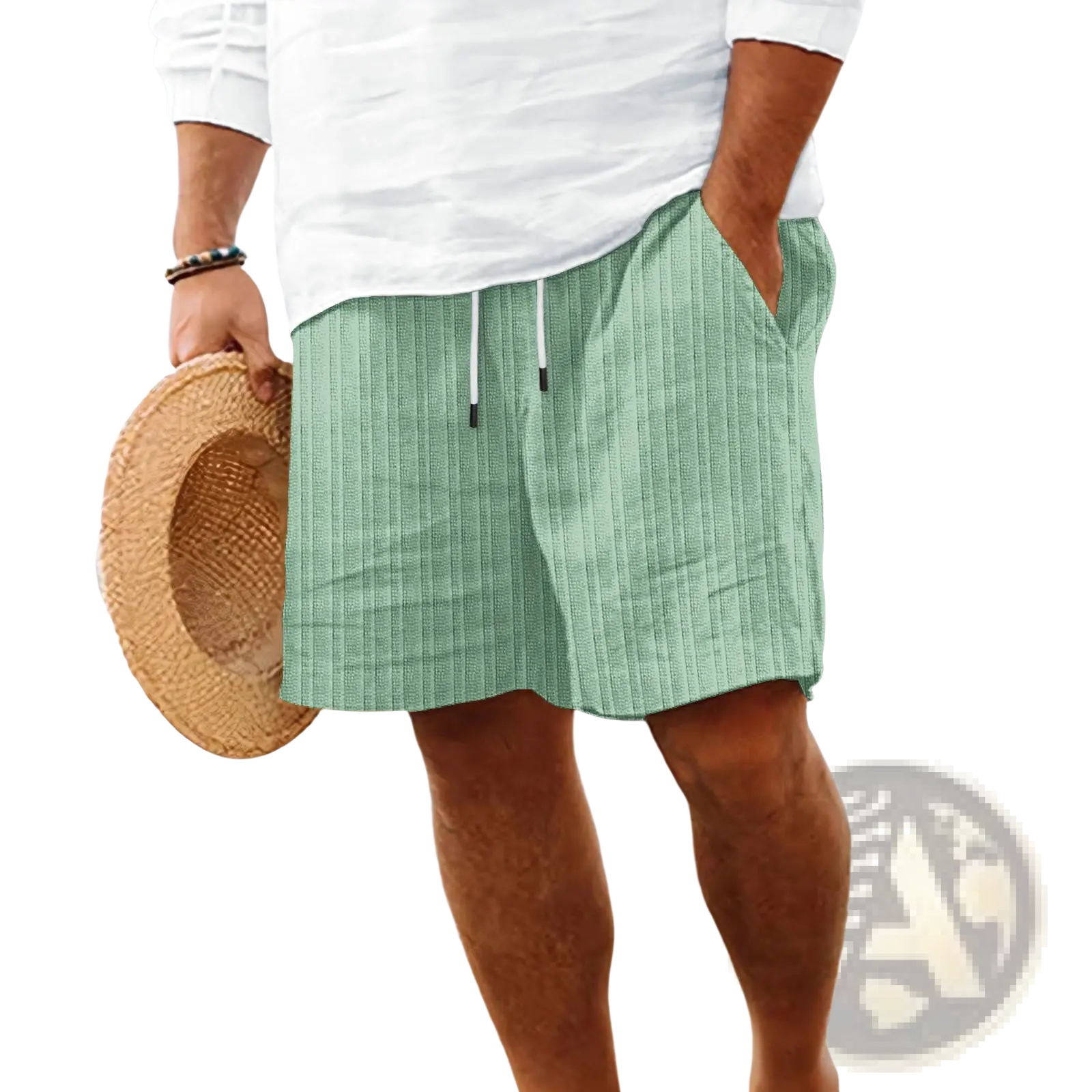 Light green ribbed cotton men’s summer shorts with white drawstrings designed for comfort and style
