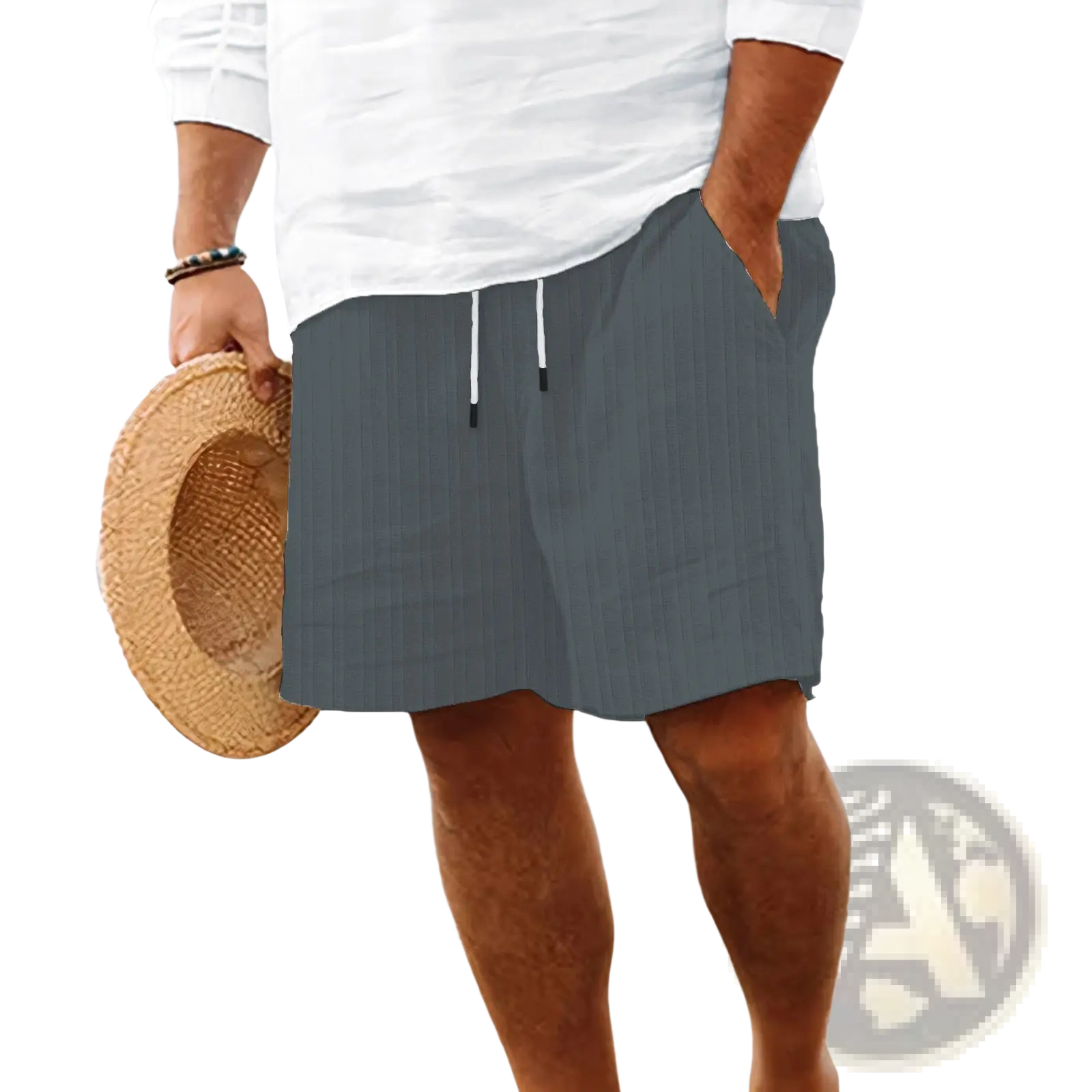 Men’s ribbed bamboo linen summer shorts in gray with textured fabric white drawstrings and side pockets
