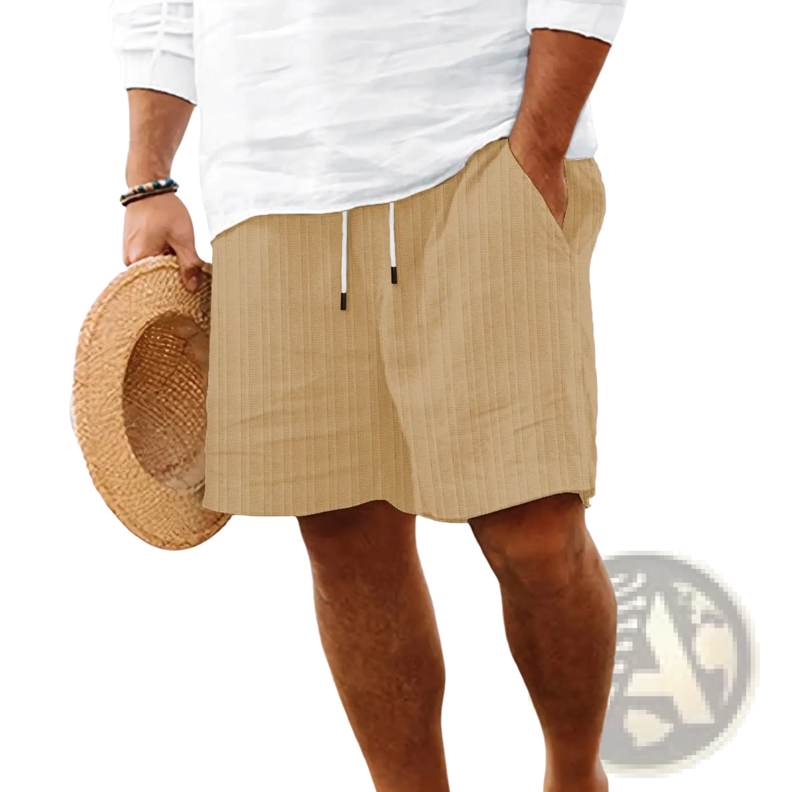 Men’s beige ribbed bamboo linen summer shorts with white drawstrings and side pockets designed for casual wear