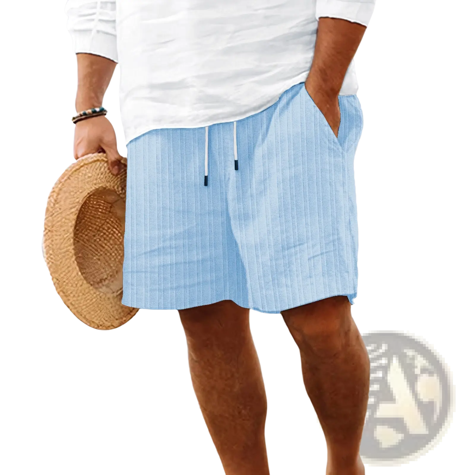 Men’s ribbed bamboo linen summer drawstring shorts in light blue with vertical ribs and white drawstrings with navy tips