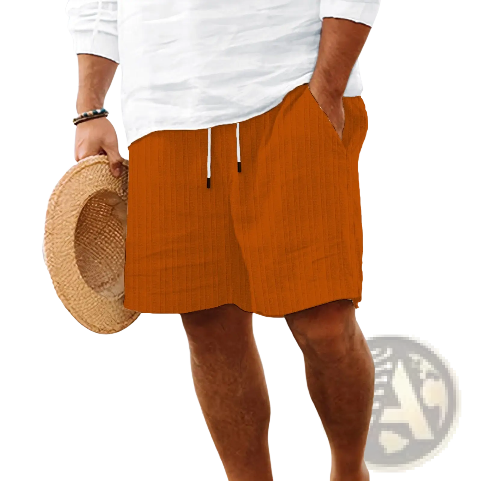 Orange ribbed bamboo linen men’s summer drawstring shorts with white drawstrings and textured fabric