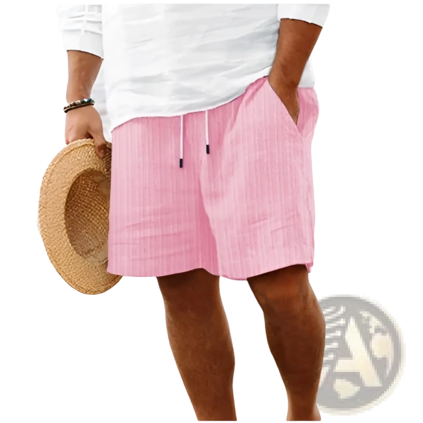 Men’s ribbed bamboo linen summer shorts in pink stripes with drawstring waistband for casual wear