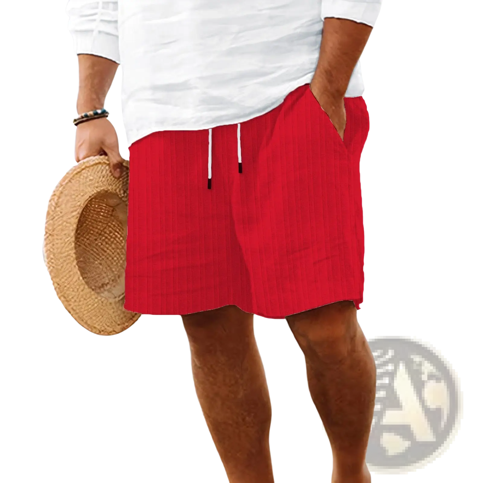 Men’s ribbed bamboo linen summer shorts in red with textured fabric and white drawstring for adjustable comfort