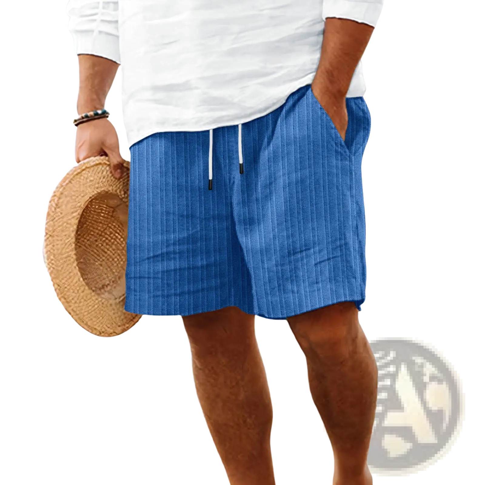 Men’s blue ribbed cotton shorts with white drawstrings and side pockets suitable for summer wear