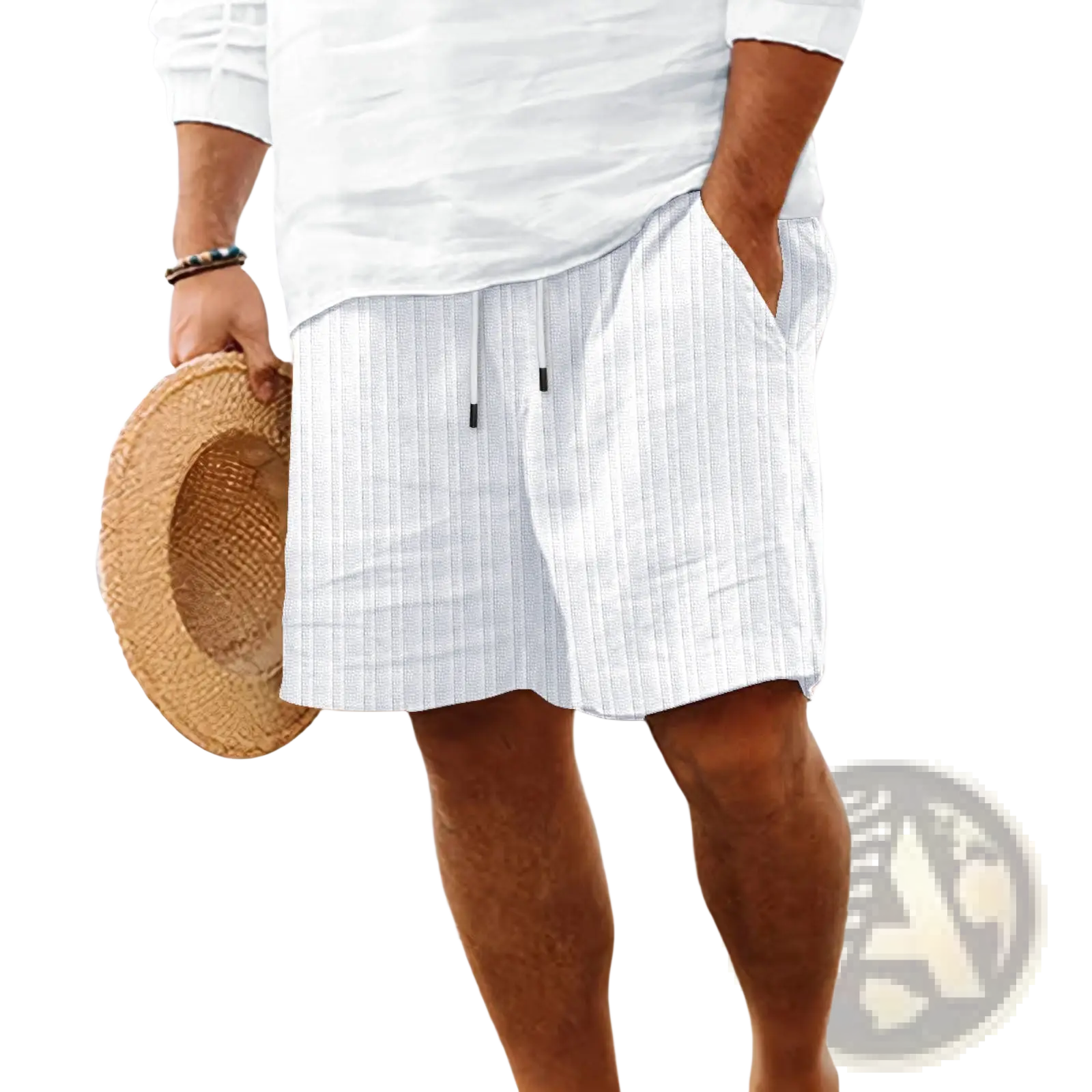 Men’s ribbed bamboo linen summer drawstring shorts with white stripes and black drawstring ties
