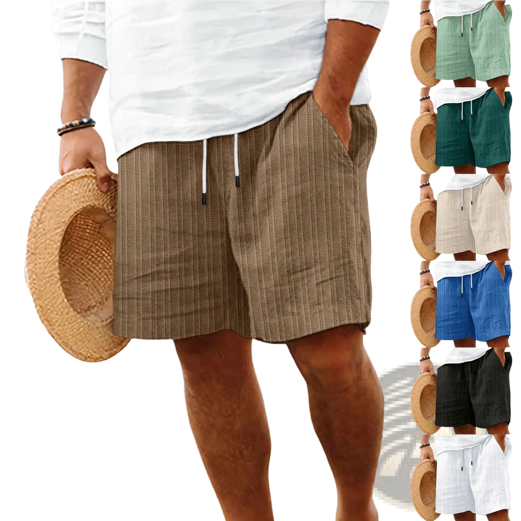 Men’s beige ribbed bamboo linen summer shorts with white drawstrings and side pockets for casual wear