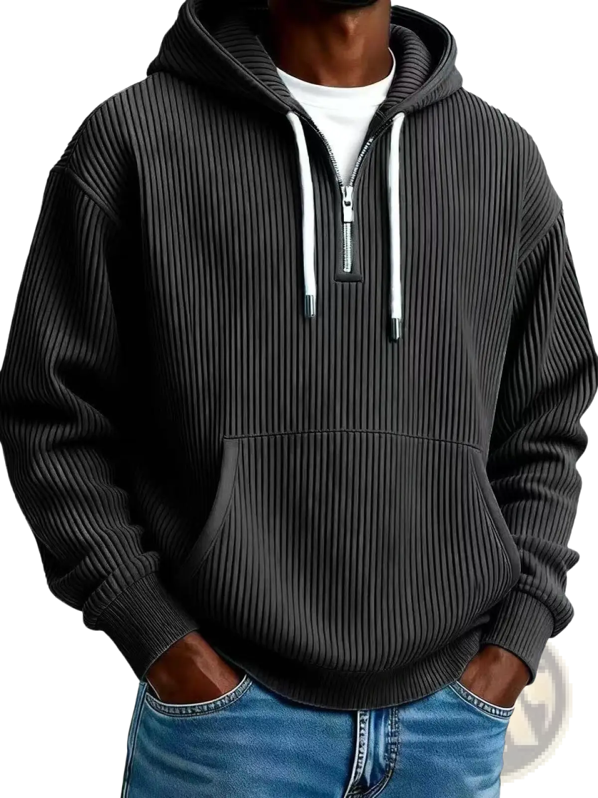 Men’s black ribbed corduroy half zip pullover hoodie with white zipper and drawstrings in ribbed knit fabric