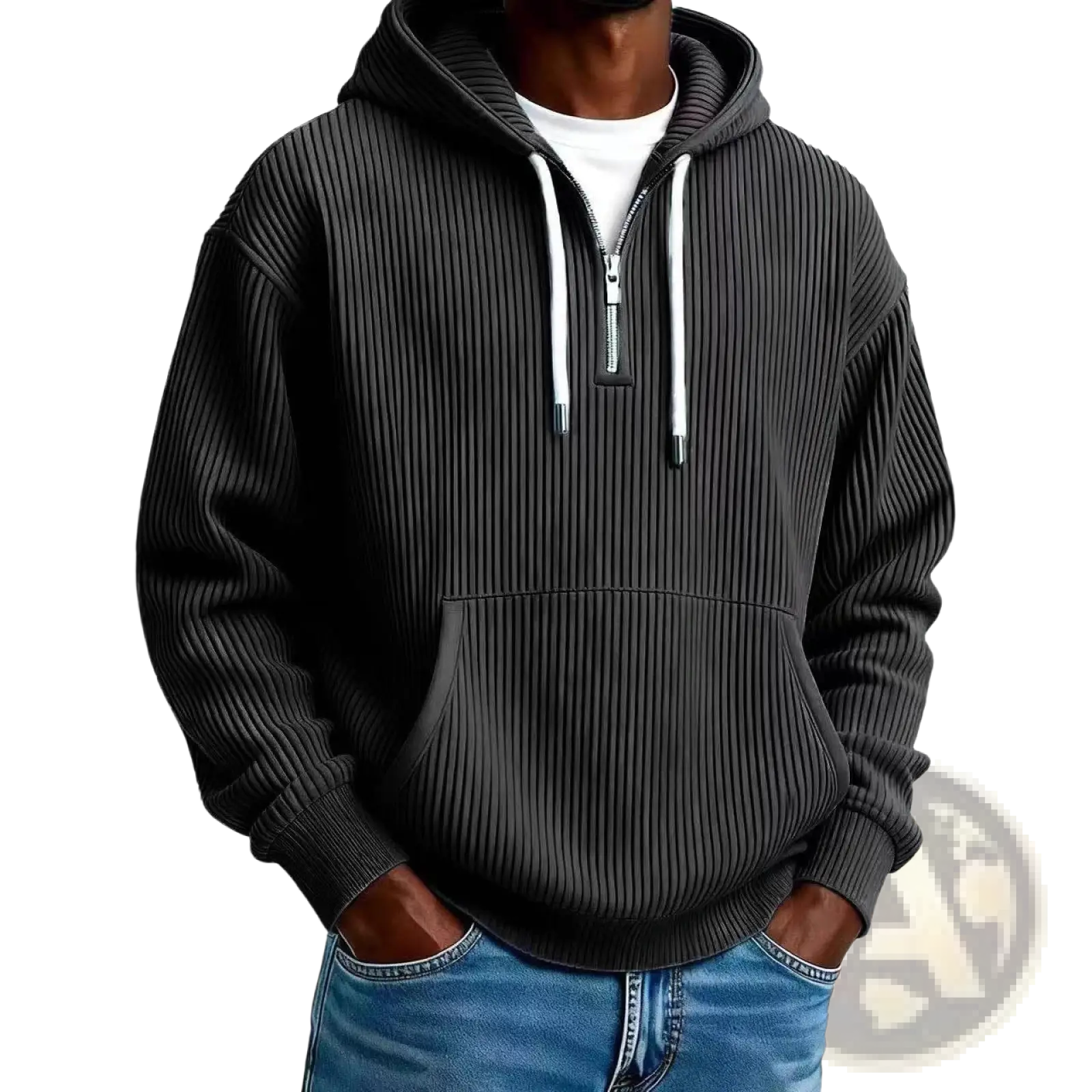 Men’s black ribbed corduroy half zip pullover hoodie with white zipper and matching drawstrings in ribbed knit material