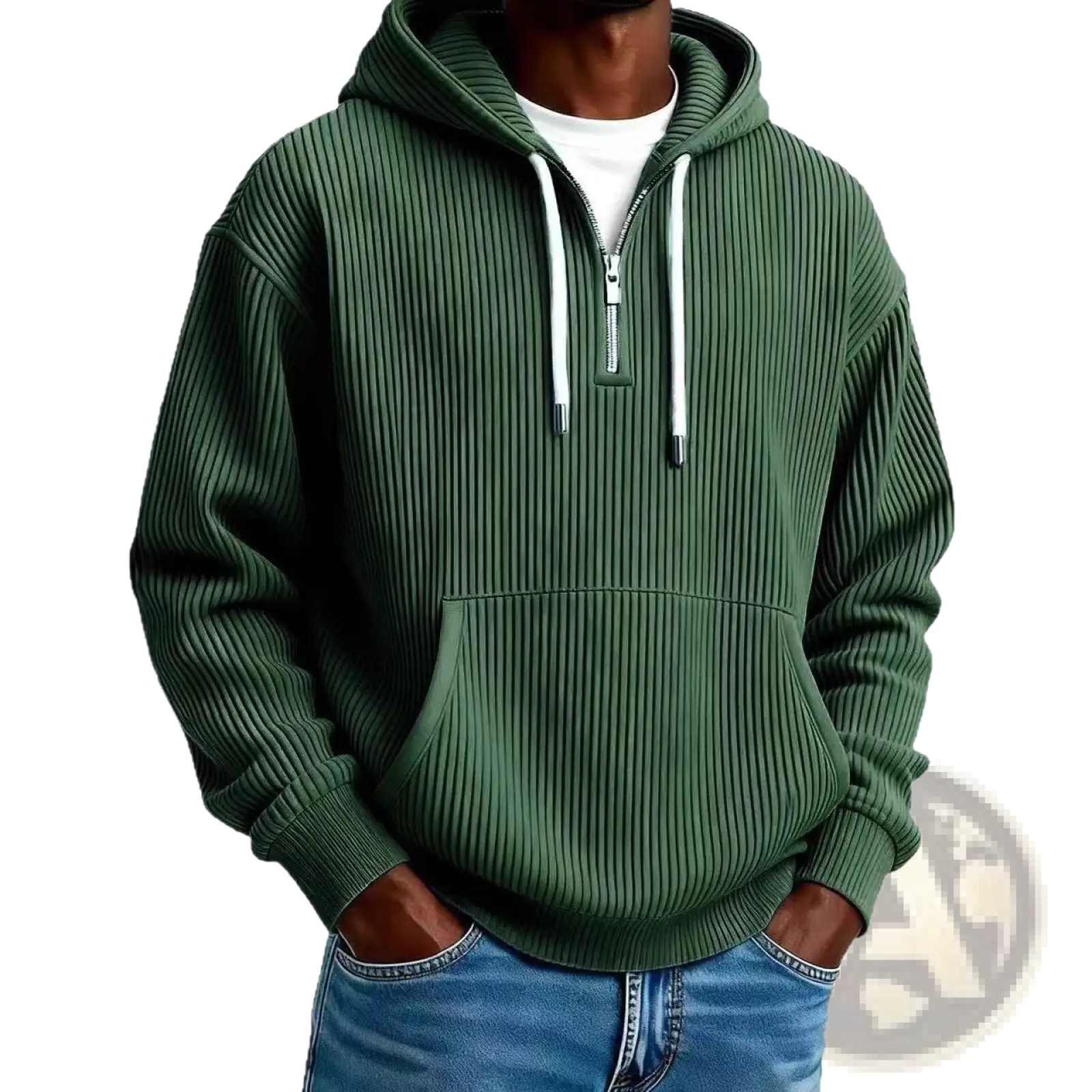 Men’s dark green ribbed corduroy half zip pullover hoodie with white zipper and matching drawstrings in knit fabric