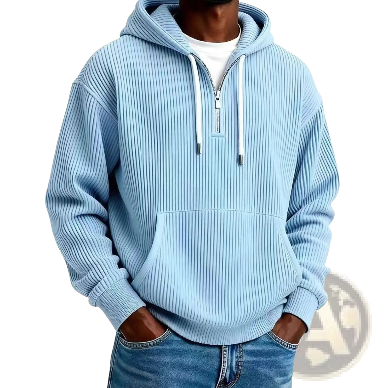 Men’s light blue ribbed corduroy half zip pullover hoodie with white zipper and matching drawstrings made of knit material