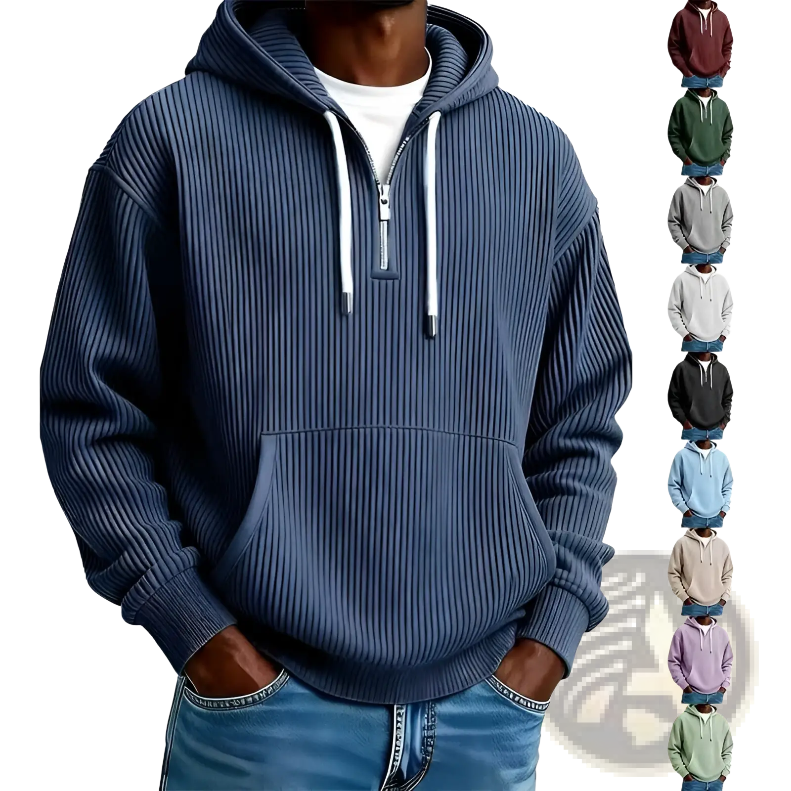 Men’s navy blue ribbed corduroy half zip pullover hoodie with white drawstrings and front pocket