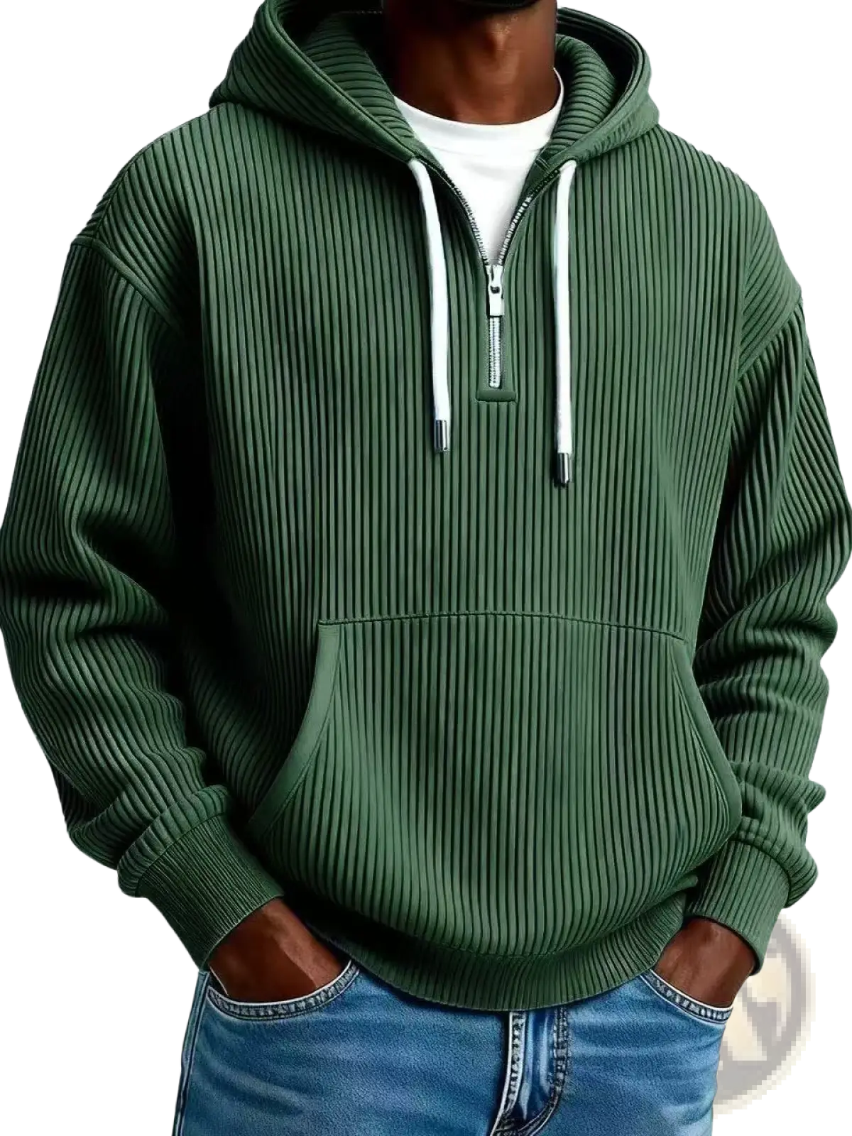 Men’s ribbed corduroy half zip pullover hoodie in dark green with white zipper and matching drawstrings