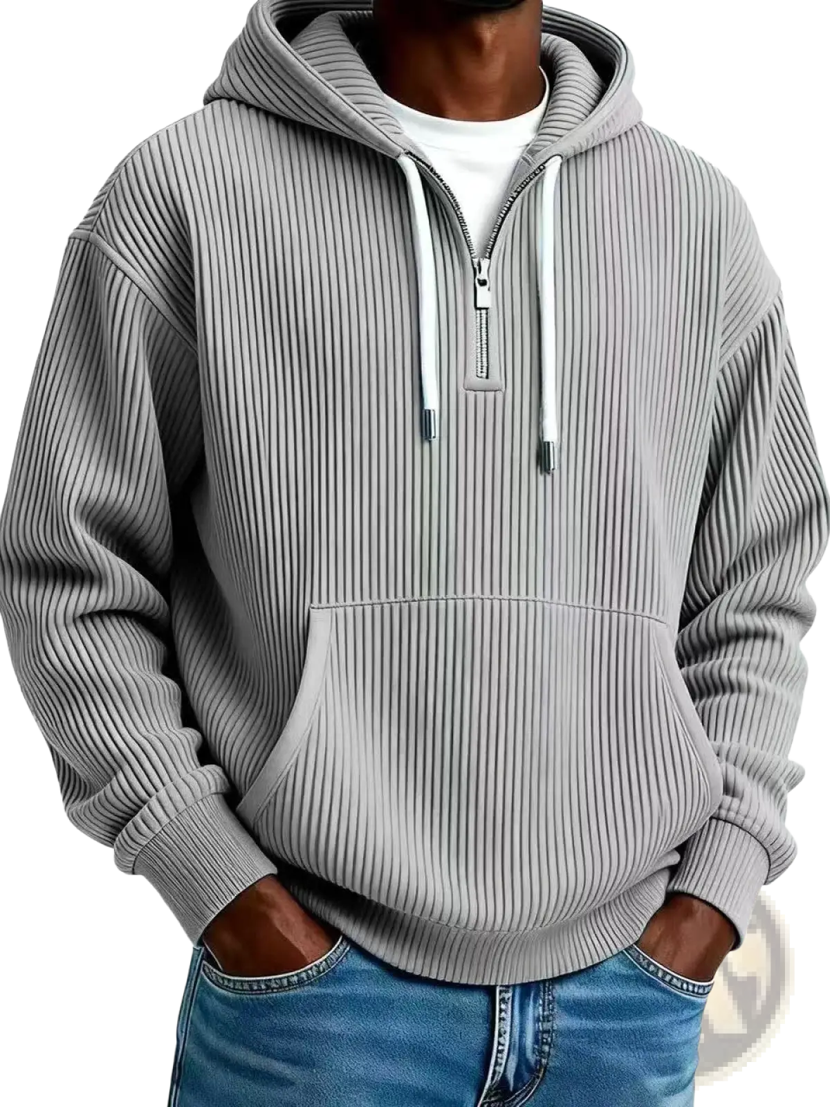Men’s gray ribbed corduroy half zip pullover hoodie with white drawstrings and ribbed texture