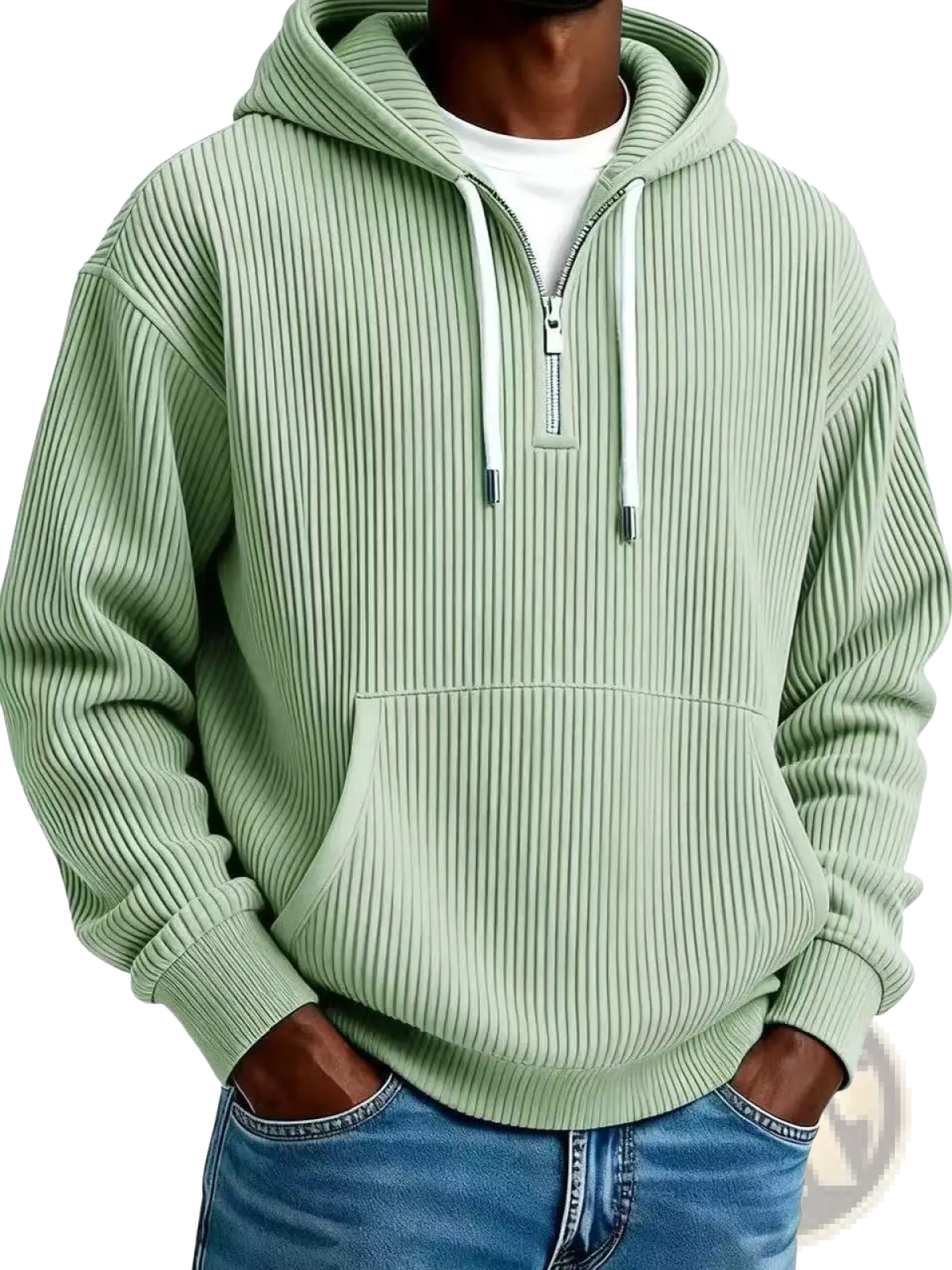 Men’s ribbed corduroy half zip pullover hoodie in soft mint green with ribbed knit fabric white drawstrings and half-zip front