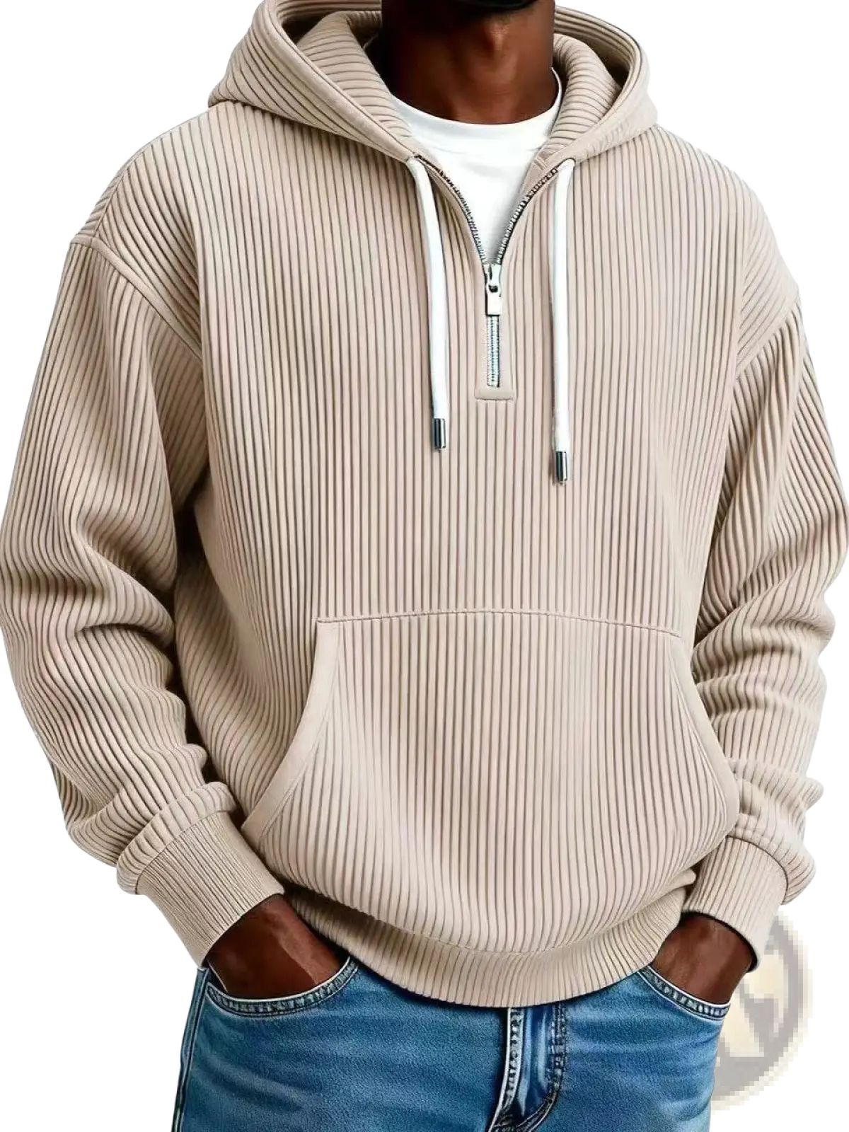 Men’s beige ribbed corduroy half zip pullover hoodie made of cotton with white zipper and drawstrings