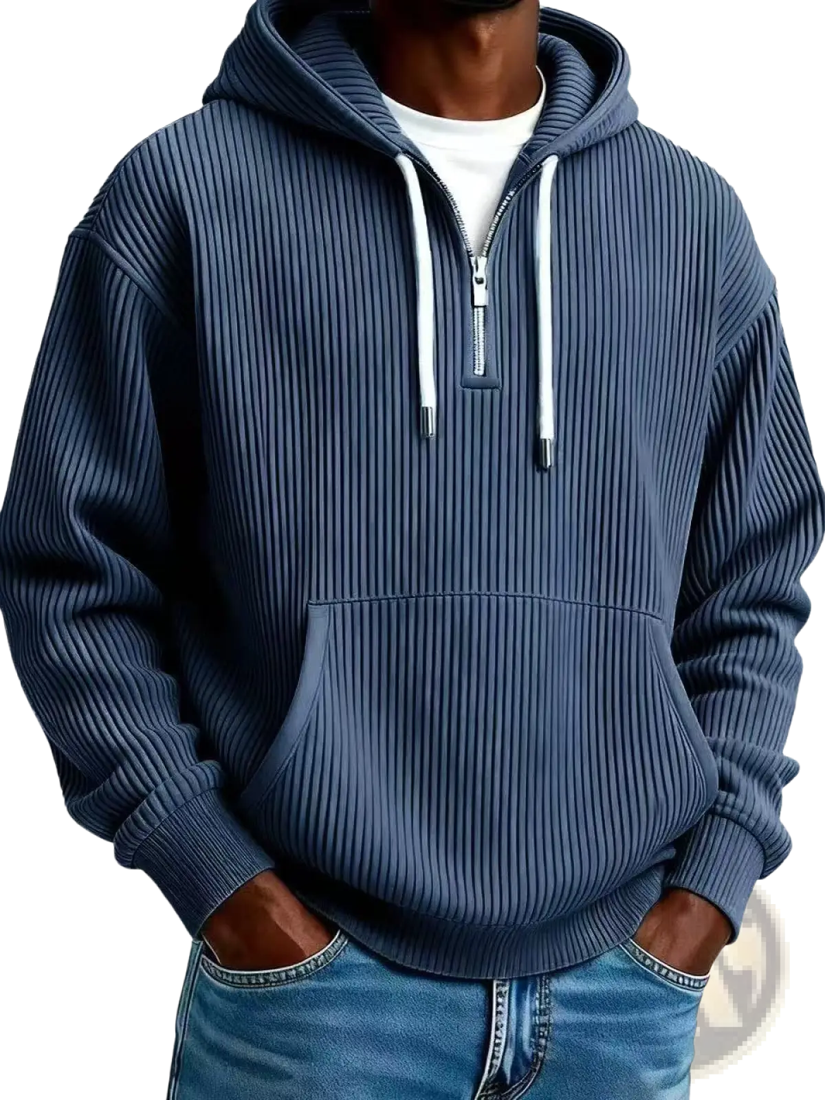 Men’s navy blue ribbed cotton hoodie with white zipper and drawstrings featuring half zip pullover design