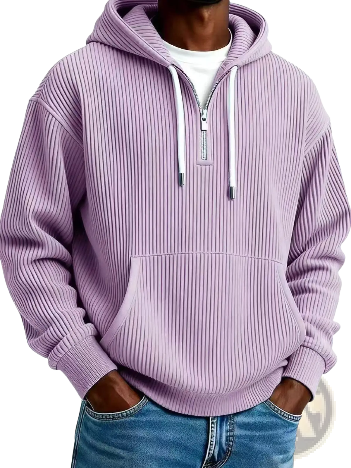 Men’s ribbed corduroy half zip pullover hoodie in lavender cotton with white zipper and drawstrings front view