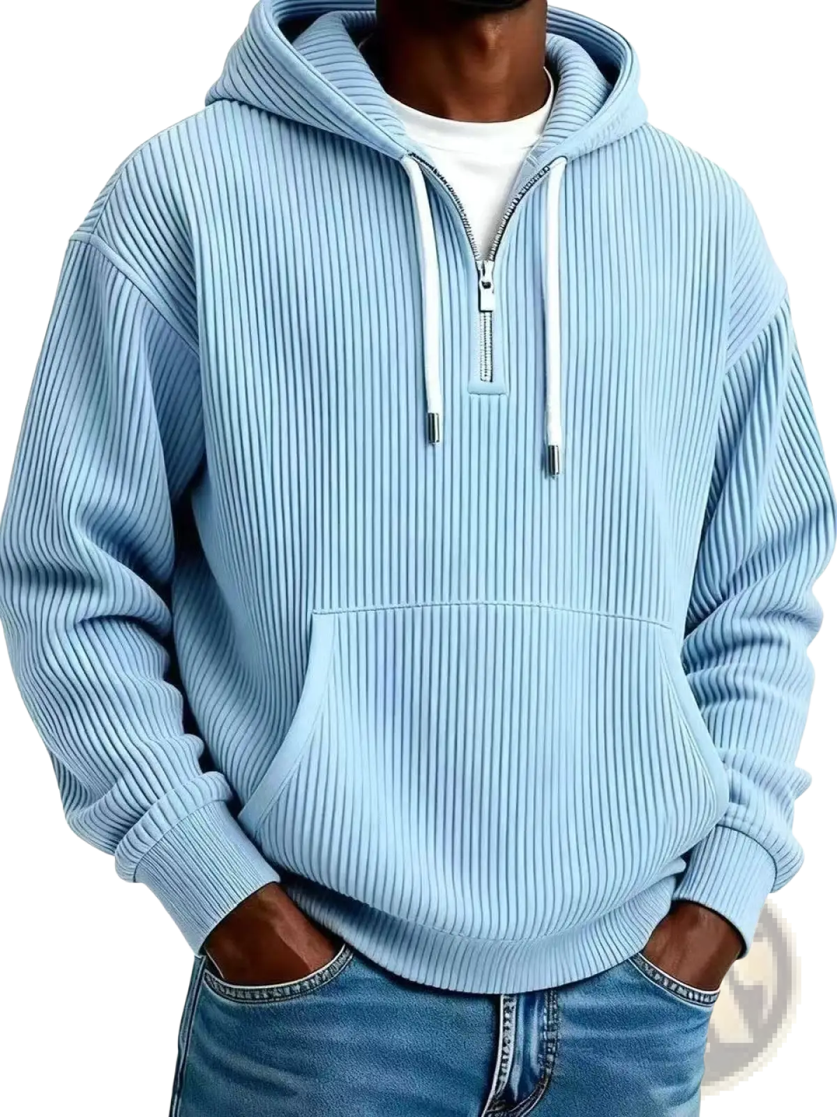 Men’s light blue ribbed corduroy half zip pullover hoodie with white drawstrings and a front half-zip closure