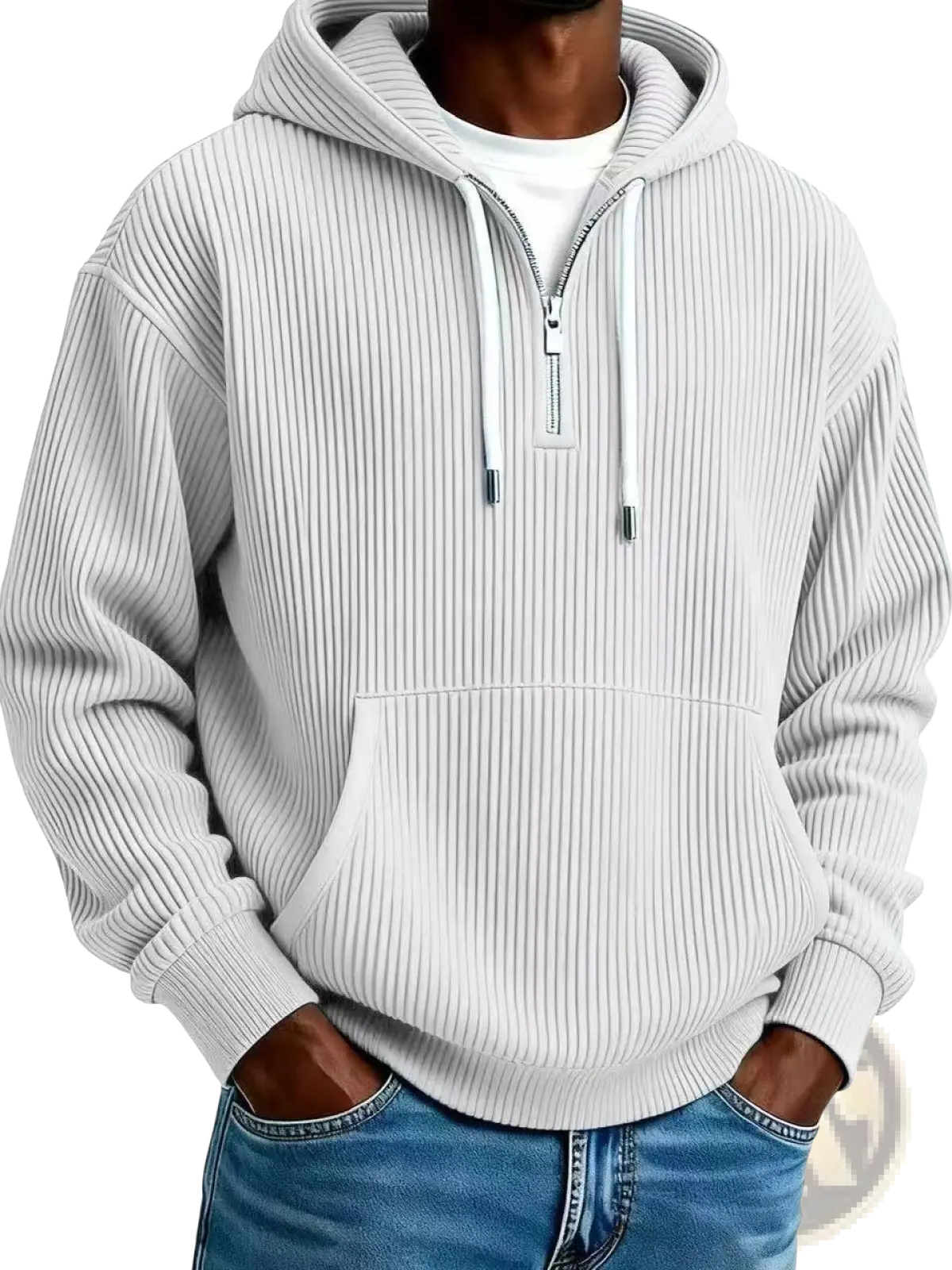 Men’s light gray ribbed corduroy knit hoodie with half-zip front and matching drawstrings for casual wear