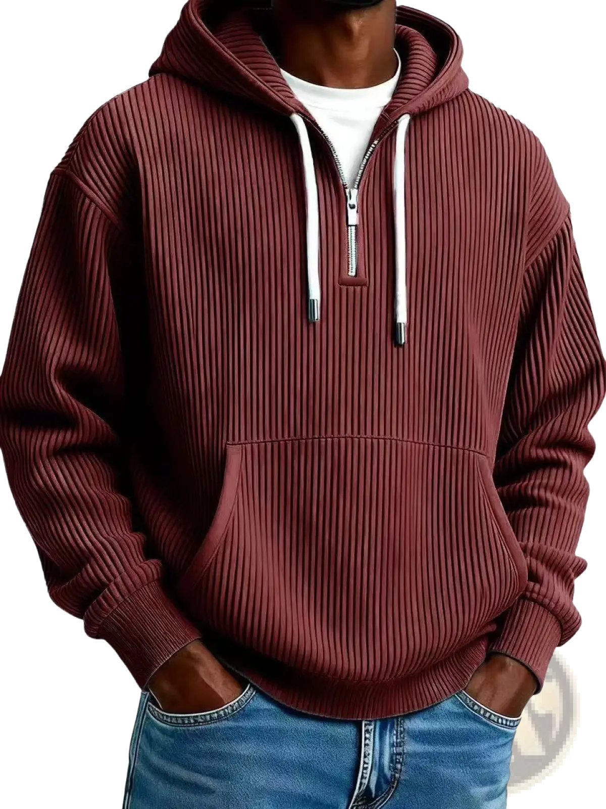 Men’s ribbed corduroy half zip pullover hoodie in maroon cotton with white zipper and drawstrings