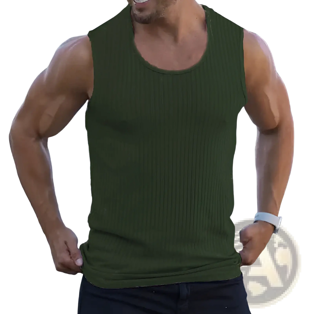 Men’s dark green ribbed cotton slim fit sleeveless tank top with knit texture for casual wear