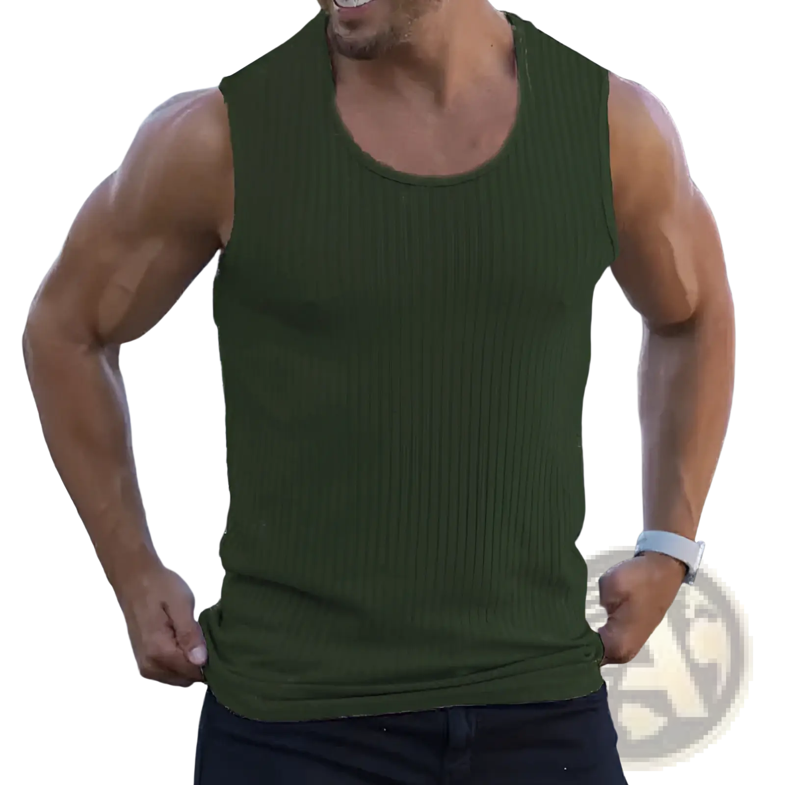 Men’s dark green ribbed cotton slim fit sleeveless tank top with knit texture for casual wear