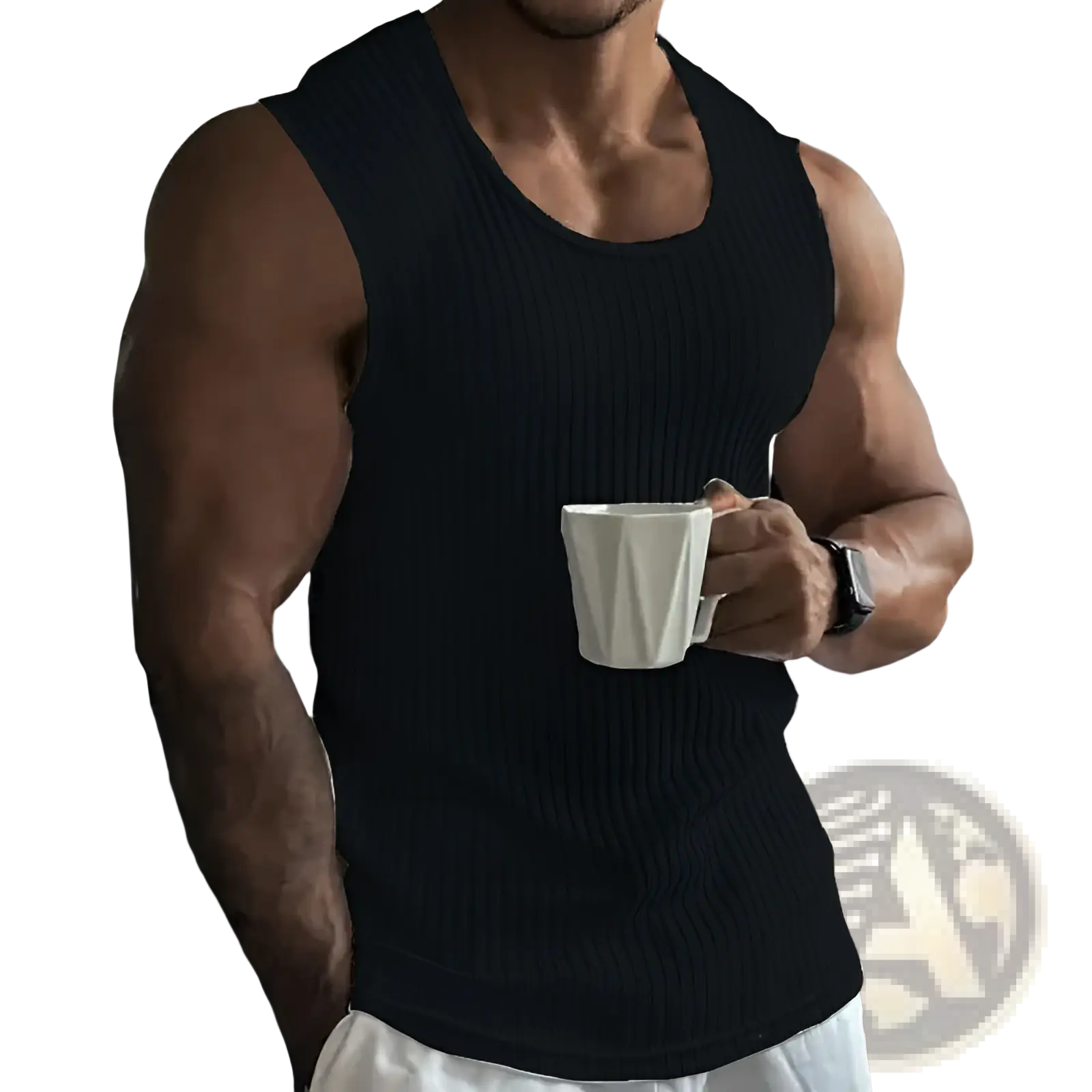 Black ribbed cotton slim fit tank top for men showcasing a sleeveless knit design and comfortable fit