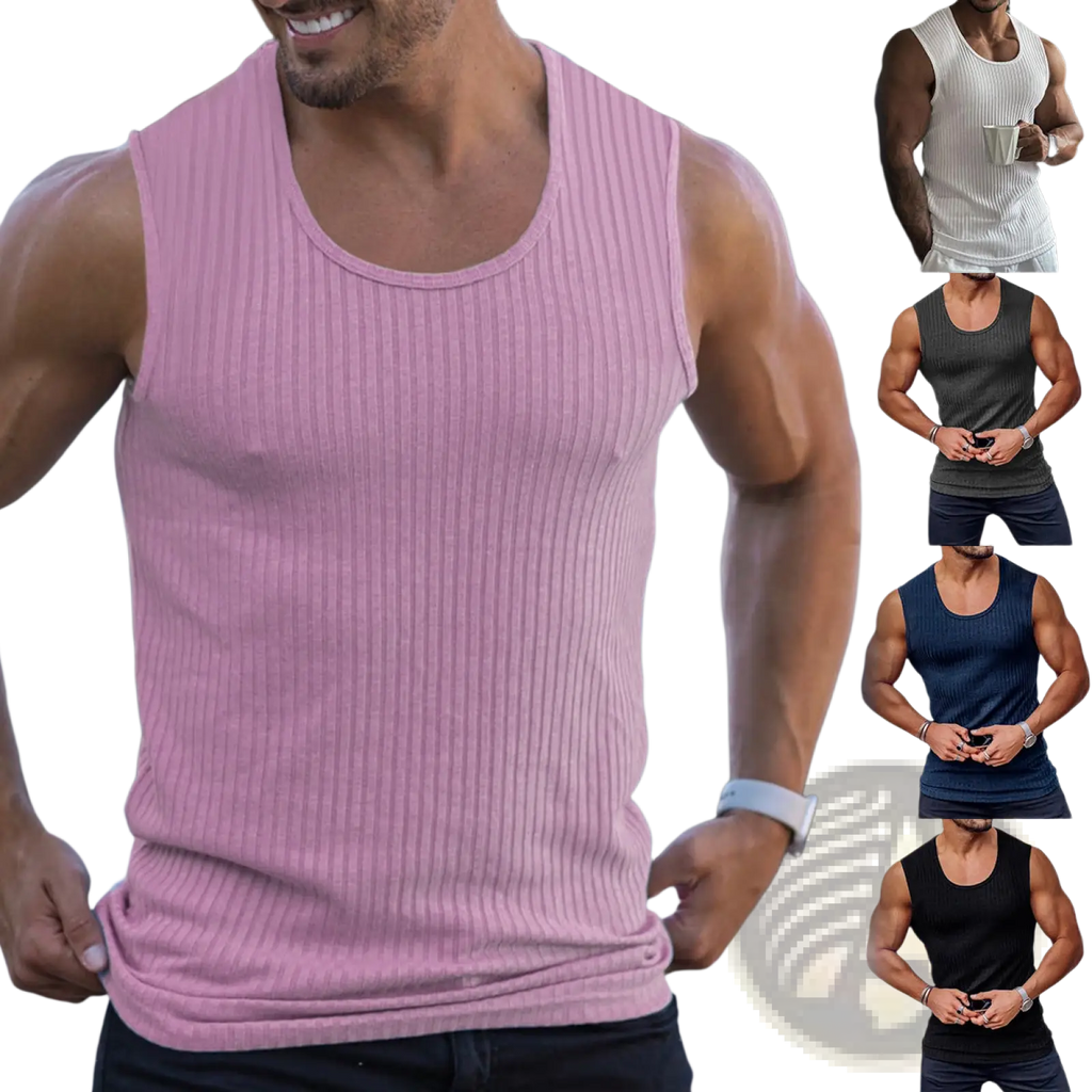 A ribbed pink sleeveless men’s cotton tank top with a round neckline and slim fit design