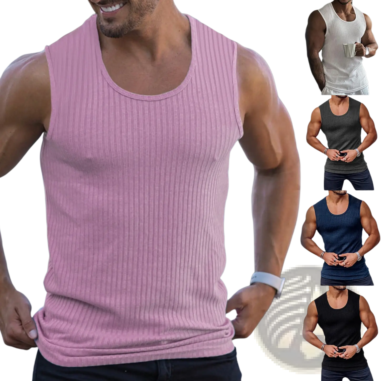 A ribbed pink sleeveless men’s cotton tank top with a round neckline and slim fit design