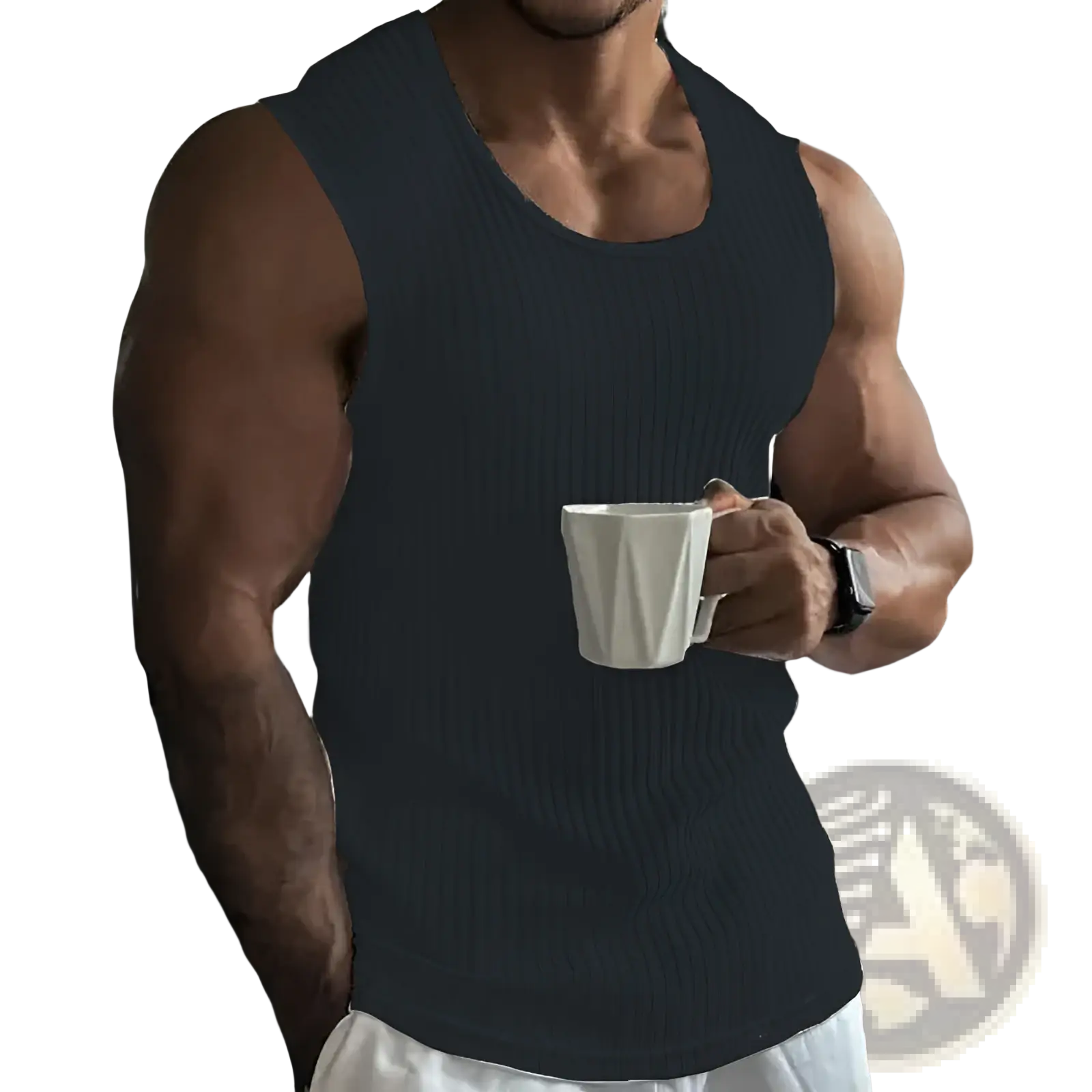 Men’s black ribbed cotton slim fit sleeveless tank top showing the front with a slim knit design