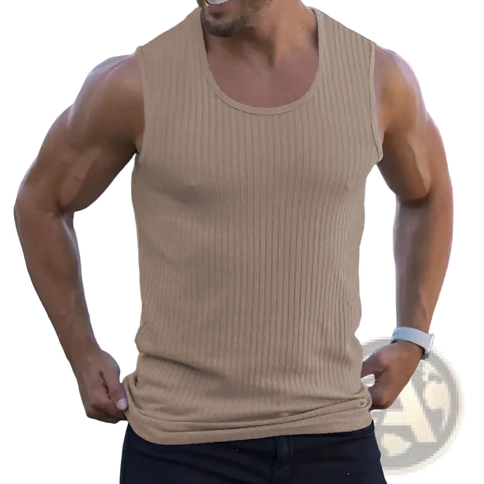 Beige ribbed cotton sleeveless slim fit knit tank top for men ideal for casual and warm weather wear