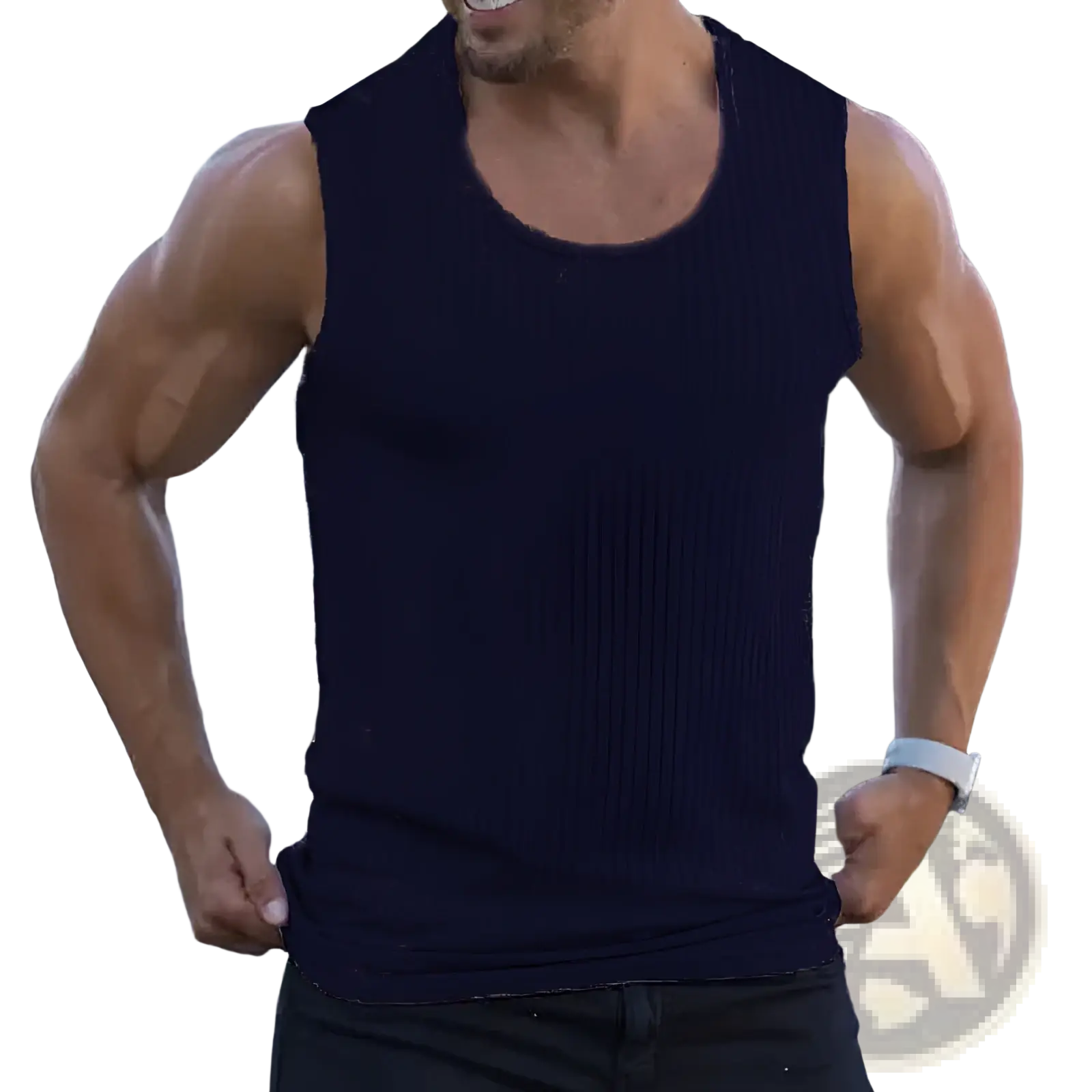 Men’s dark navy ribbed cotton slim fit sleeveless tank top ideal for casual summer wear