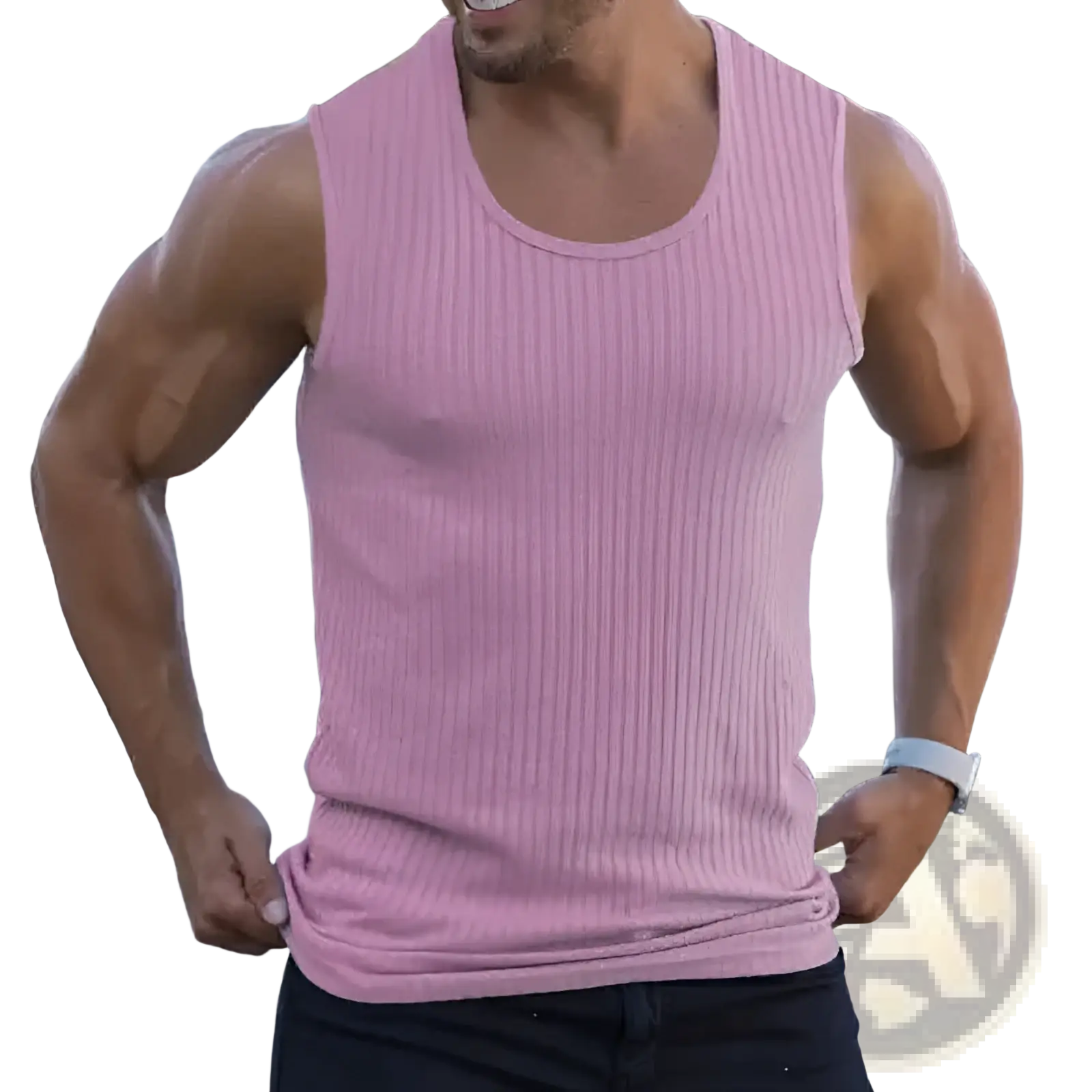 A pink ribbed cotton sleeveless tank top designed for men’s slim fit knitwear collection