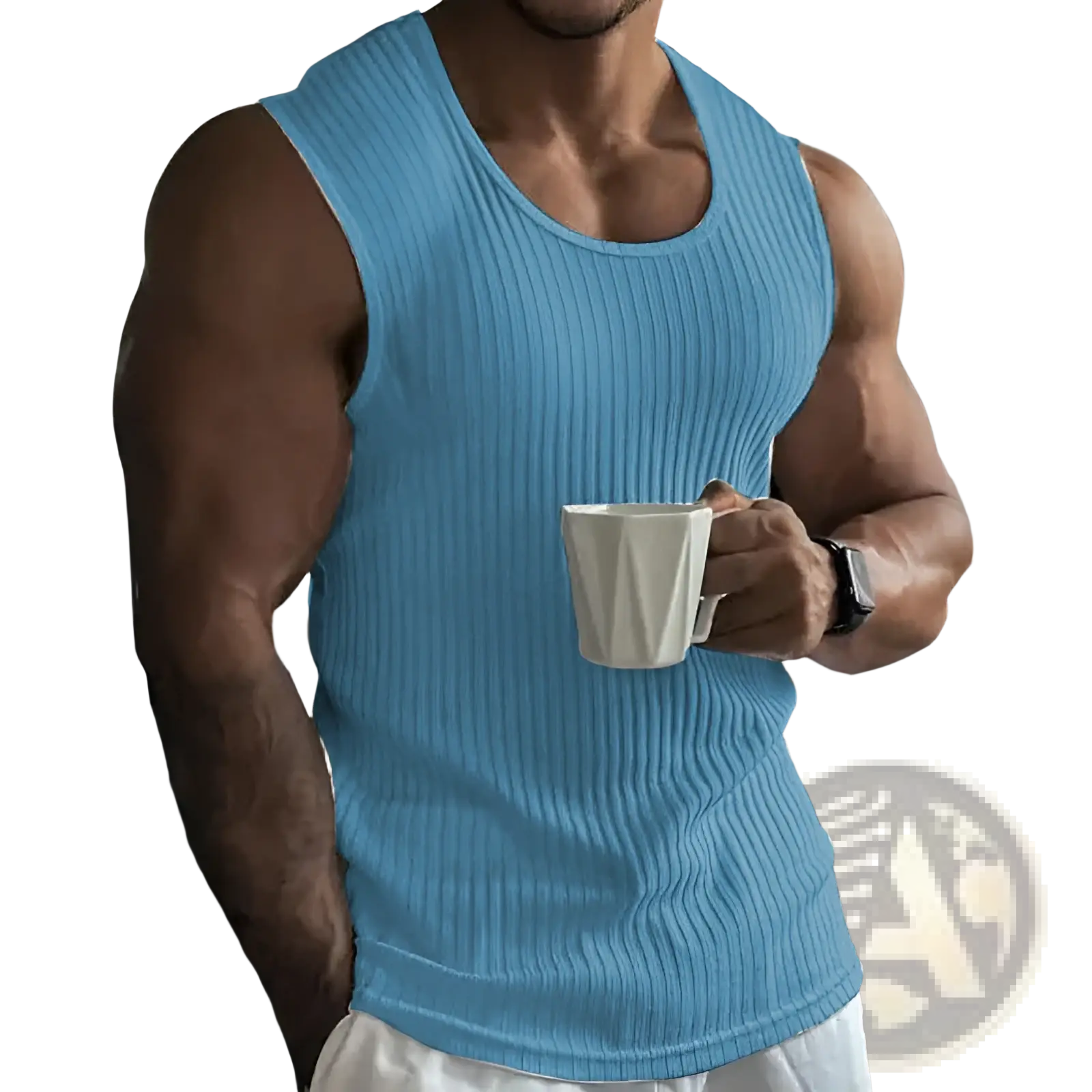Light blue ribbed cotton sleeveless tank top for men with slim fit design and knit texture