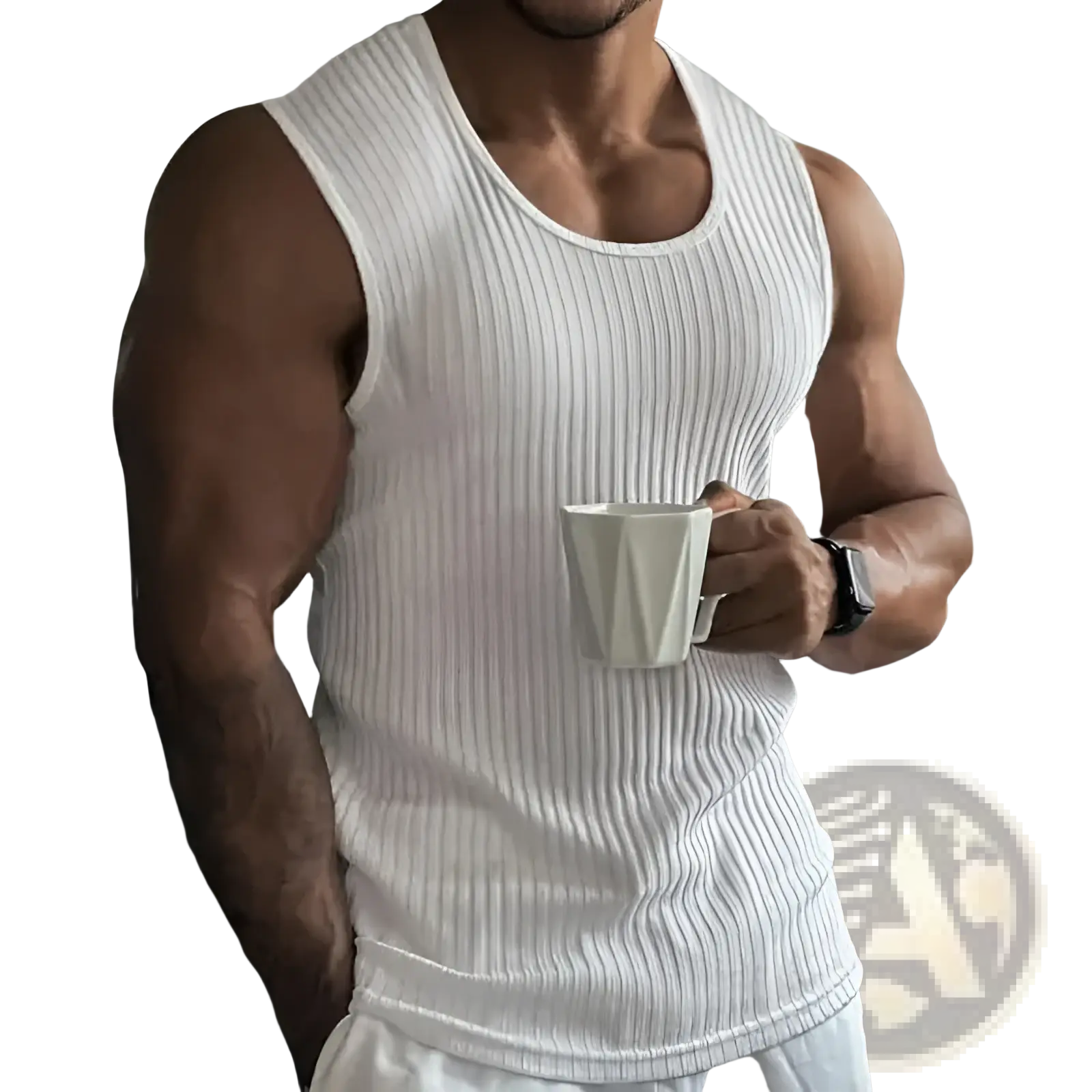 White ribbed cotton slim fit knit tank top for men with a classic sleeveless design and comfortable fabric texture