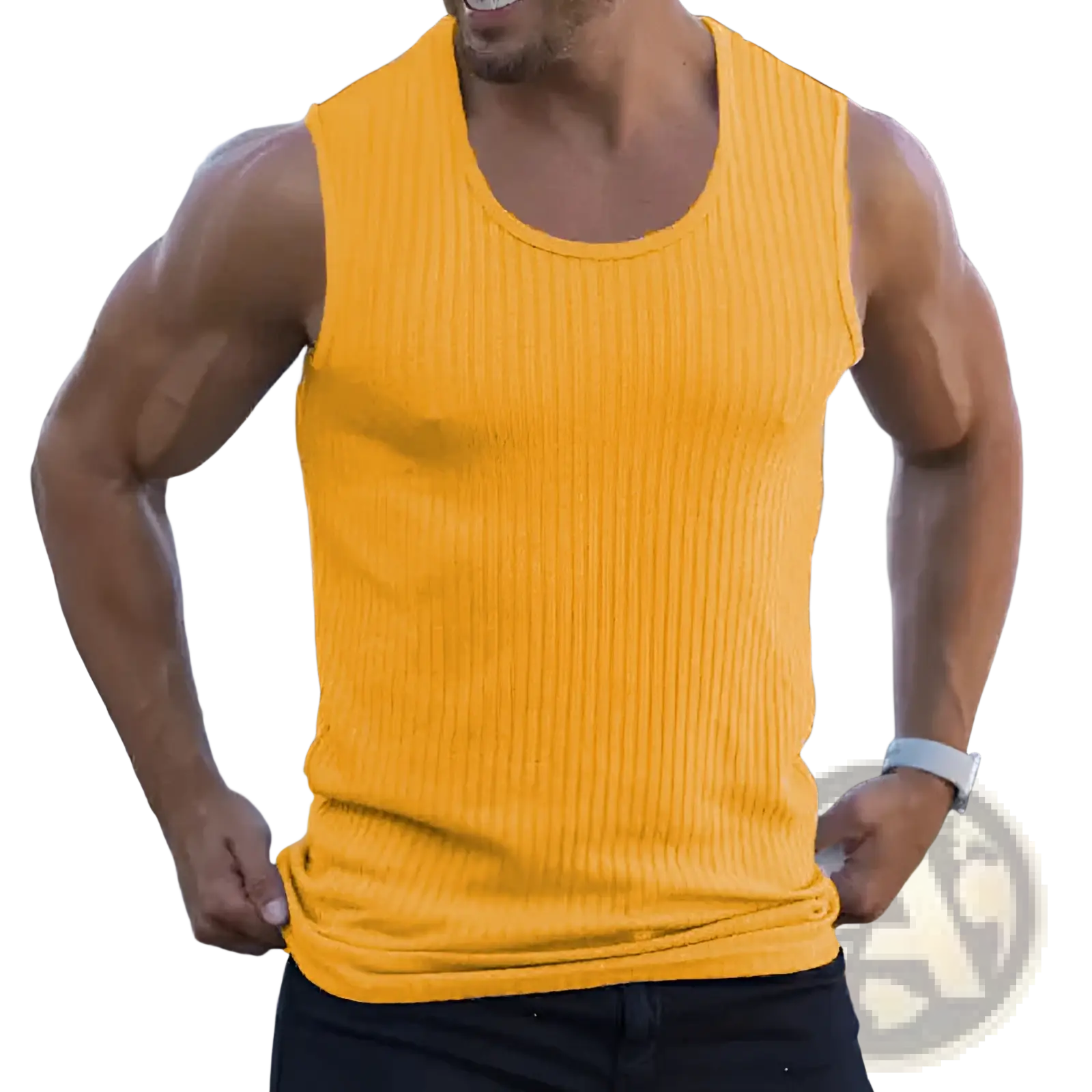 A vibrant yellow ribbed cotton slim fit sleeveless tank top designed for men