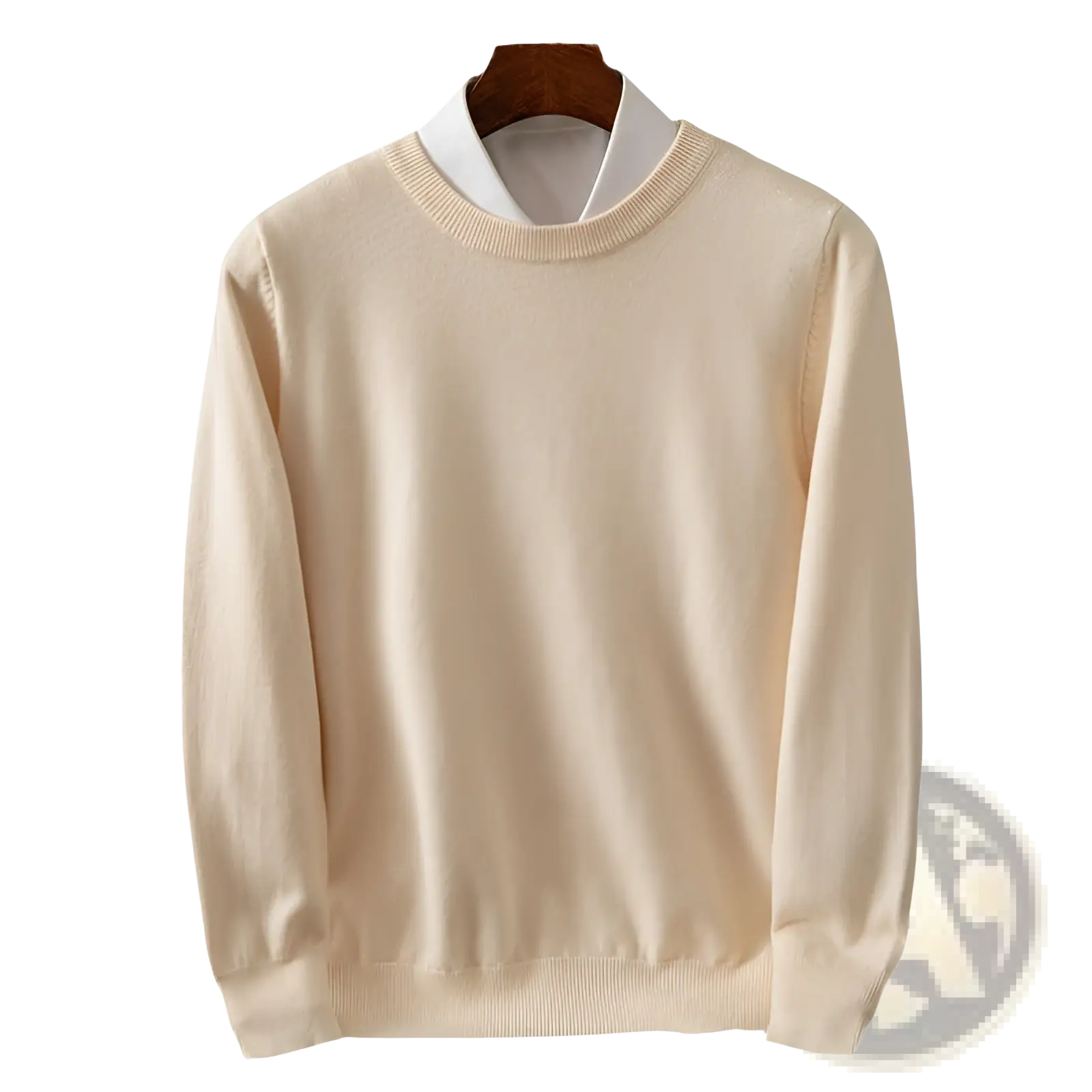 Men’s cream-colored ribbed crewneck pullover sweater with subtle texture and neatly finished cuffs hem and neckline