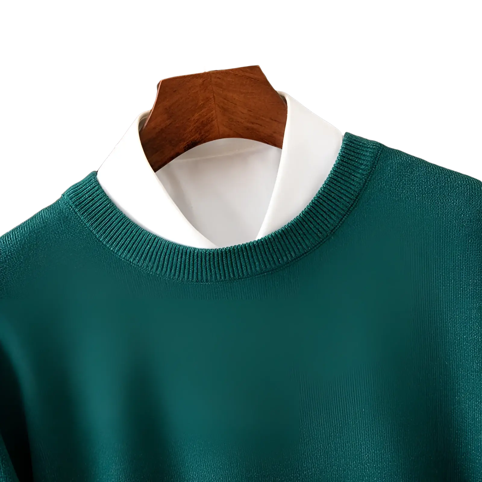 Men’s deep green ribbed crewneck pullover sweater in knit fabric worn over a white collared shirt