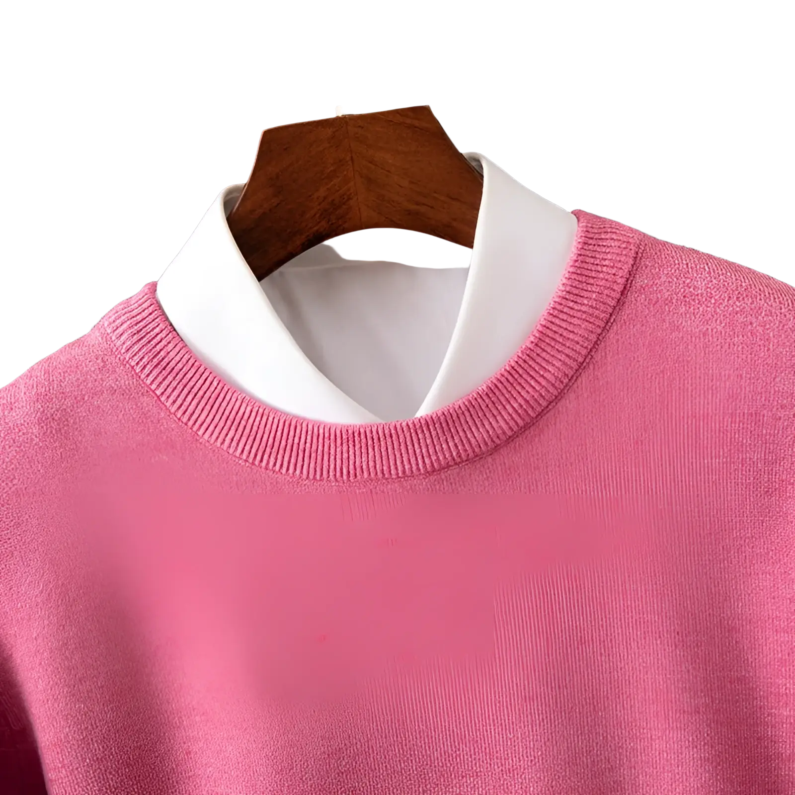 Men’s ribbed crewneck pullover sweater in pink knit worn over white collared shirt with ribbed neckline