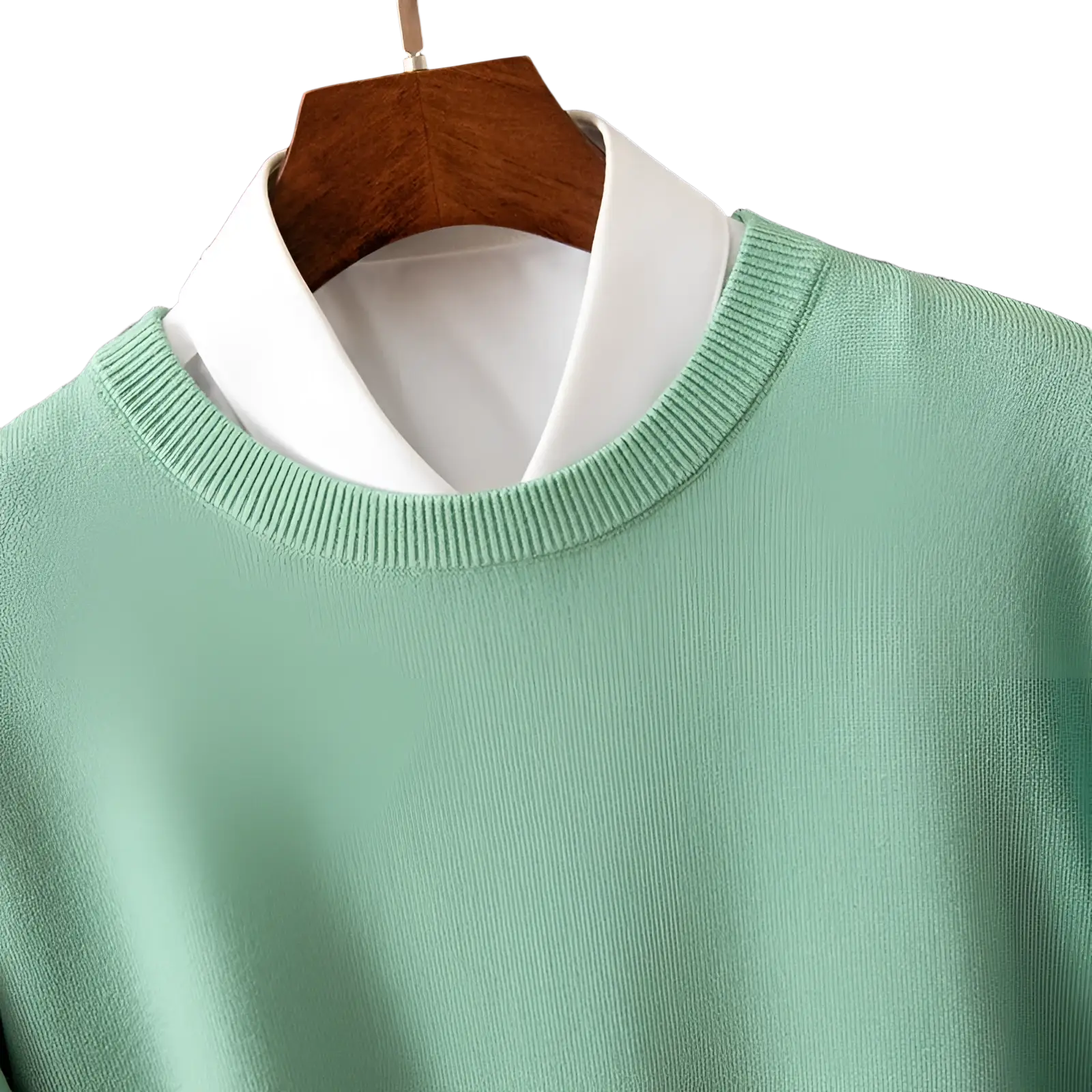 Men’s ribbed crewneck pullover sweater in soft mint green wool blend worn over a white collared shirt