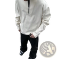 Off-white ribbed knit men’s long-sleeve pullover sweater with black half-zip neckline for casual wear