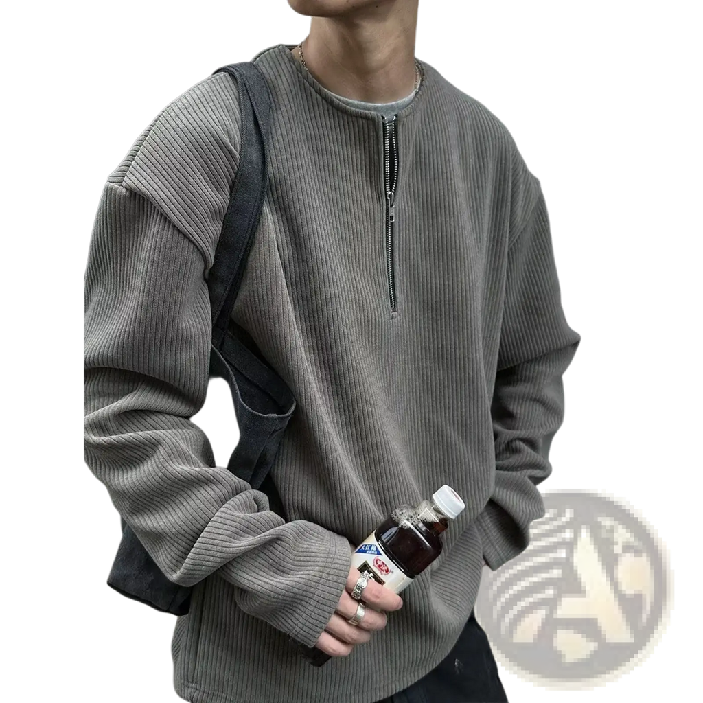 Men’s gray ribbed corduroy half-zip pullover sweater with front zipper for casual and comfortable wear