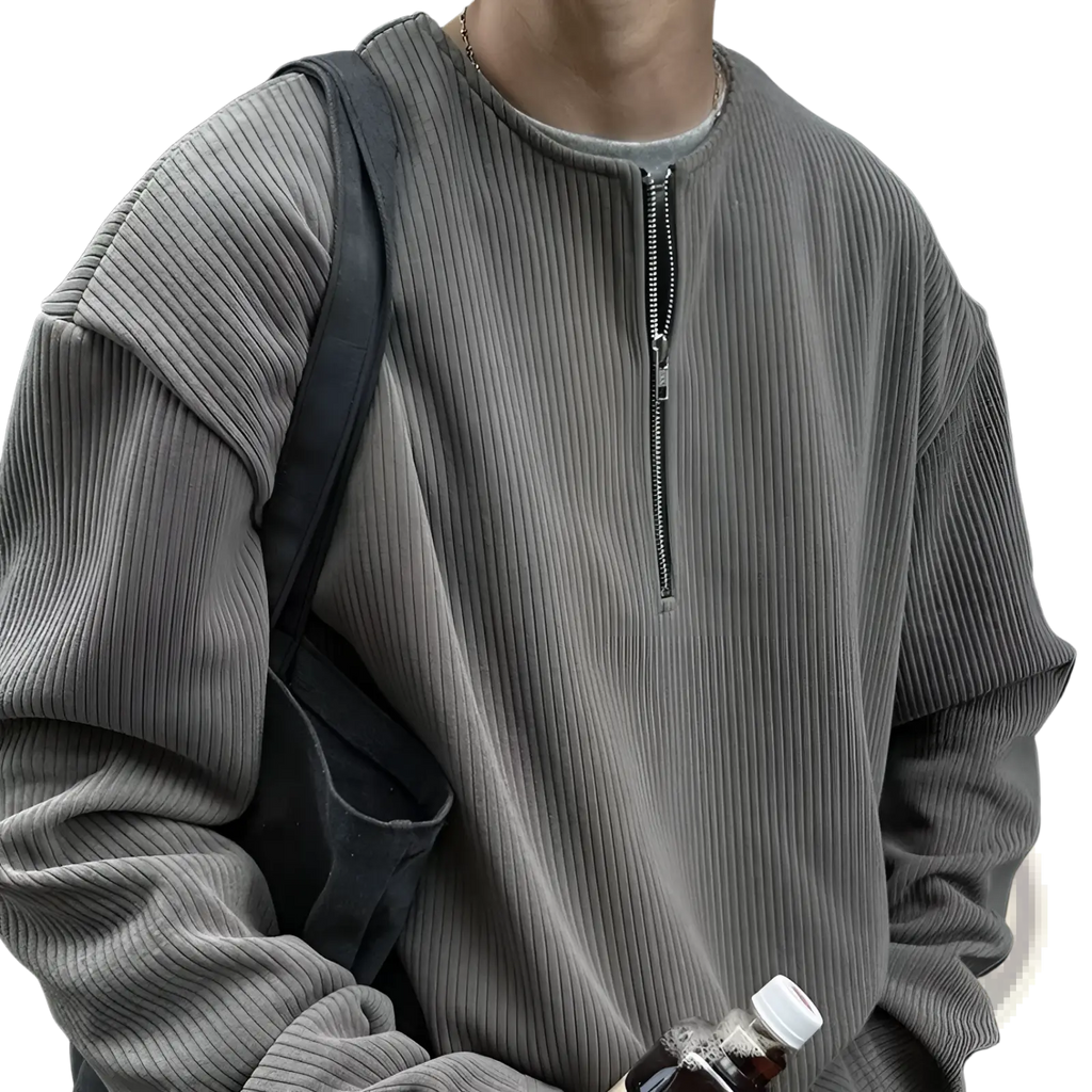 Men’s gray ribbed corduroy sweatshirt with a half-zip front for casual and comfortable wear